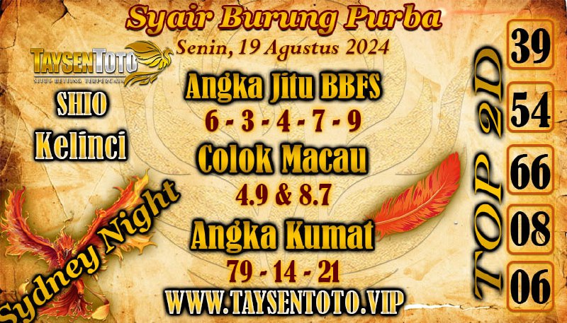 Syair Burung Purba SydneyNight Hari ini 20 Agustus 2024