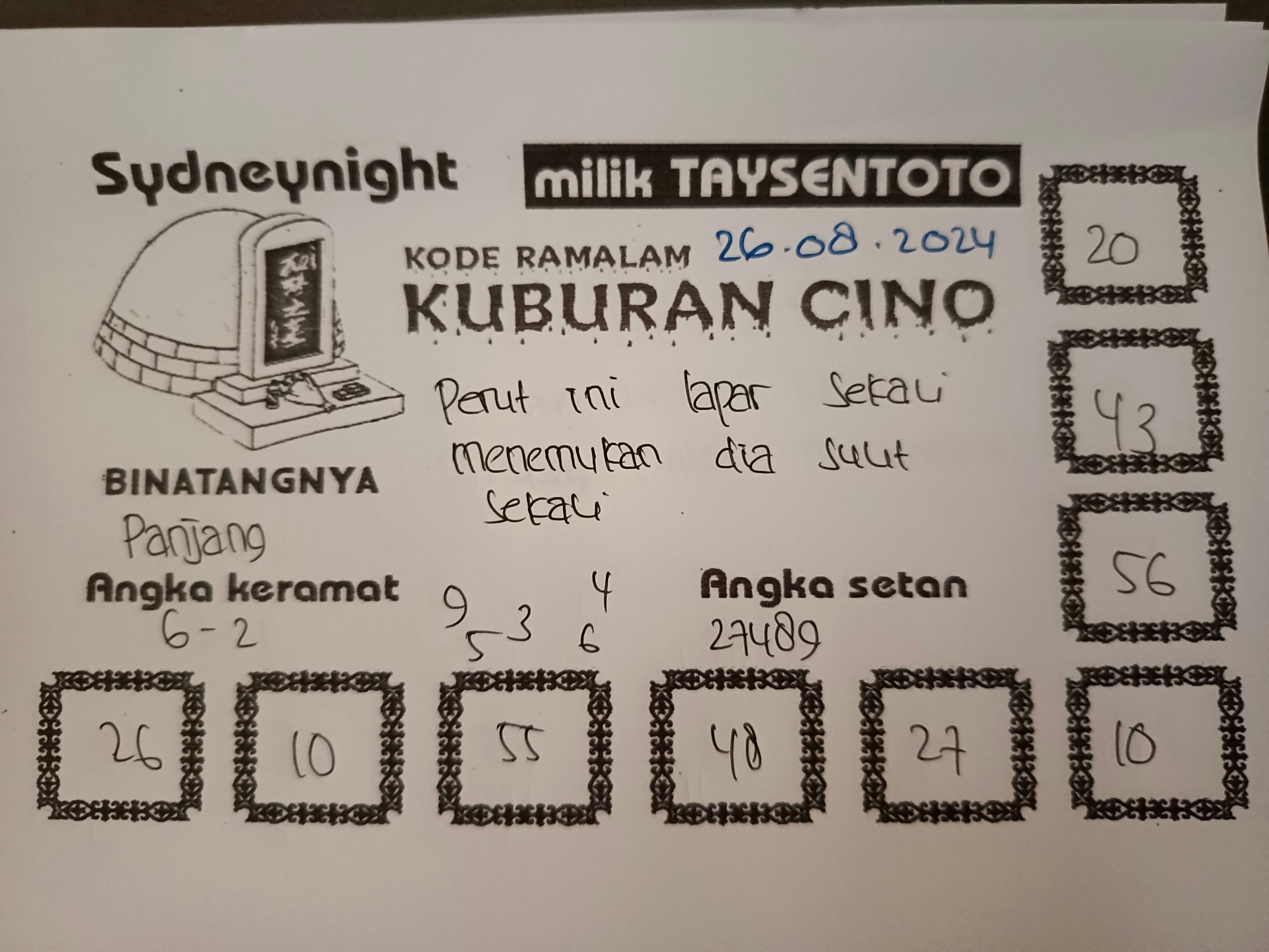 Syair Kuburan Cino SydneyNight Hari ini Senin 26 Agustus 2024