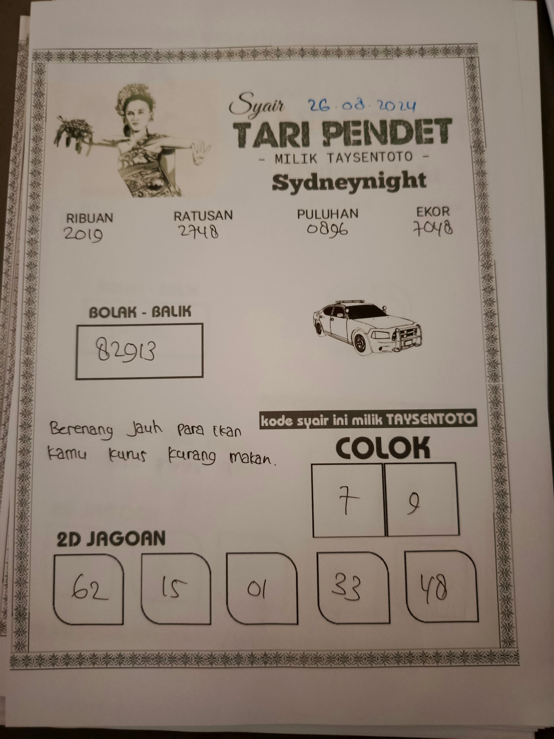 Syair Tari Pendet SydneyNight Hari ini Senin 26 Agustus 2024