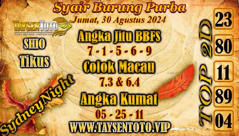 Syair Burung Purba SydneyNight Hari ini Sabtu 30 Agustus 2024