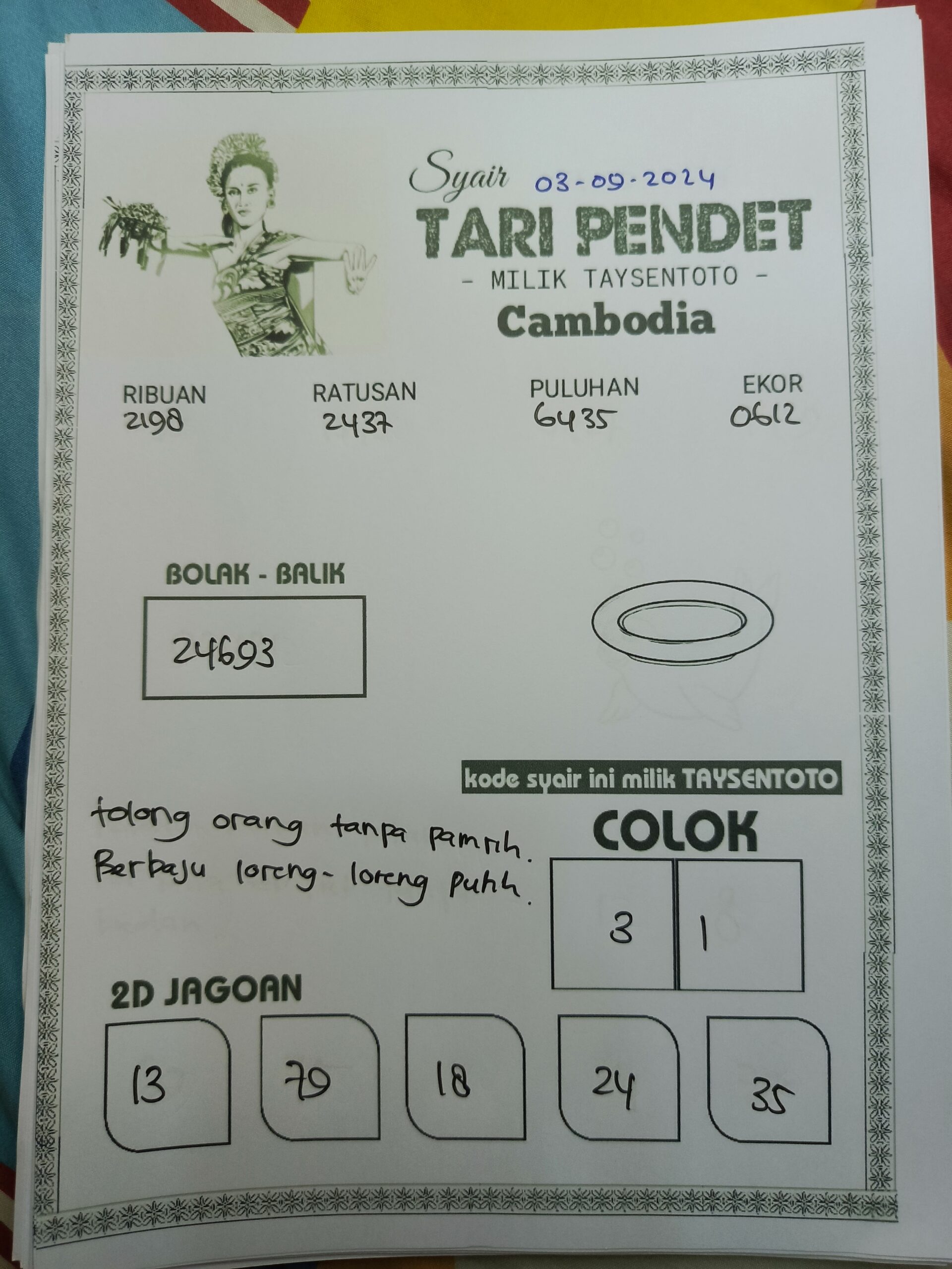 Syair Tari Pendet Cambodia Hari Ini Rabu 03 September Agustus 2024