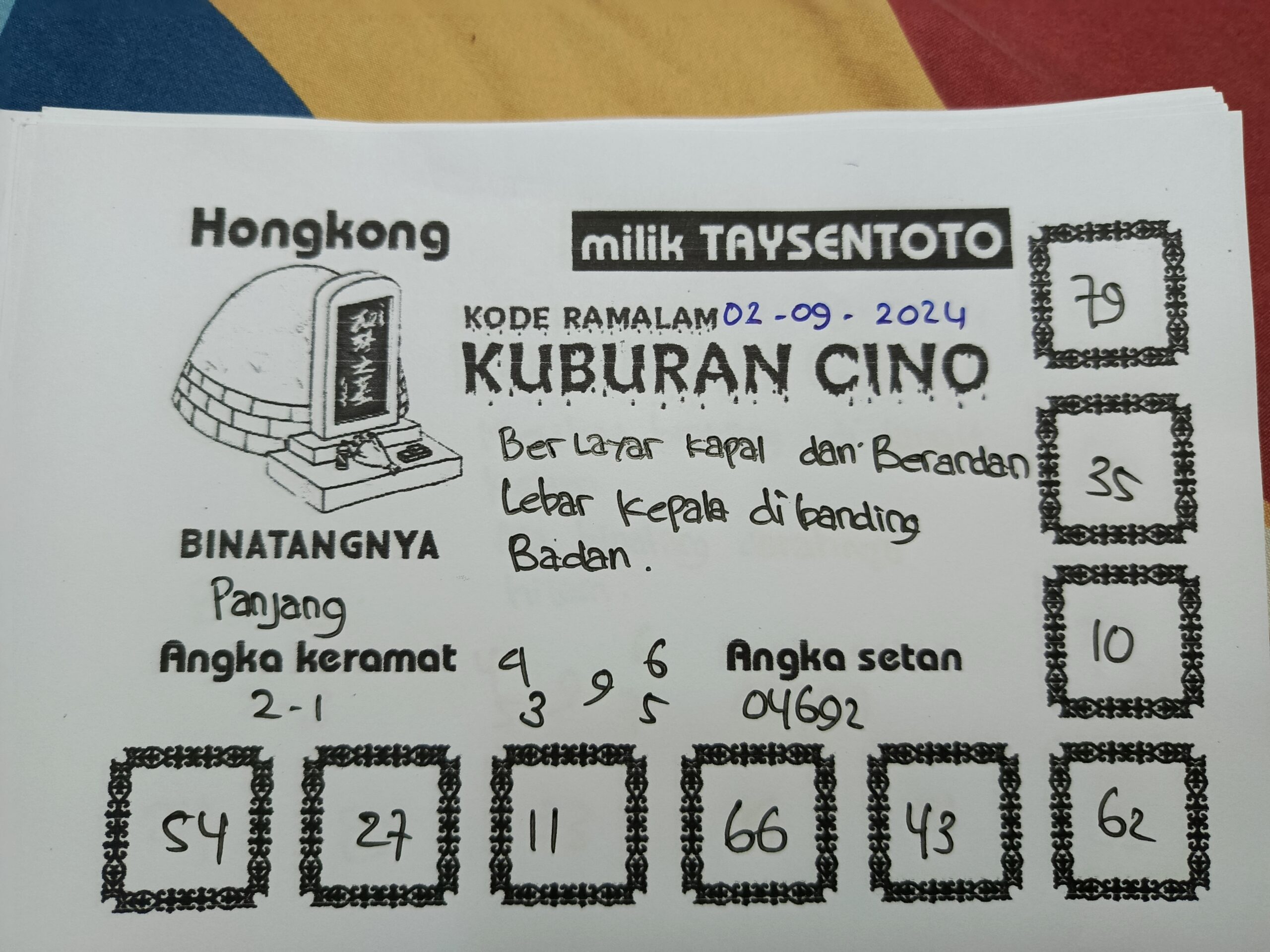 Syair Kuburan Cino HK Hari Ini Senin 02 September 2024