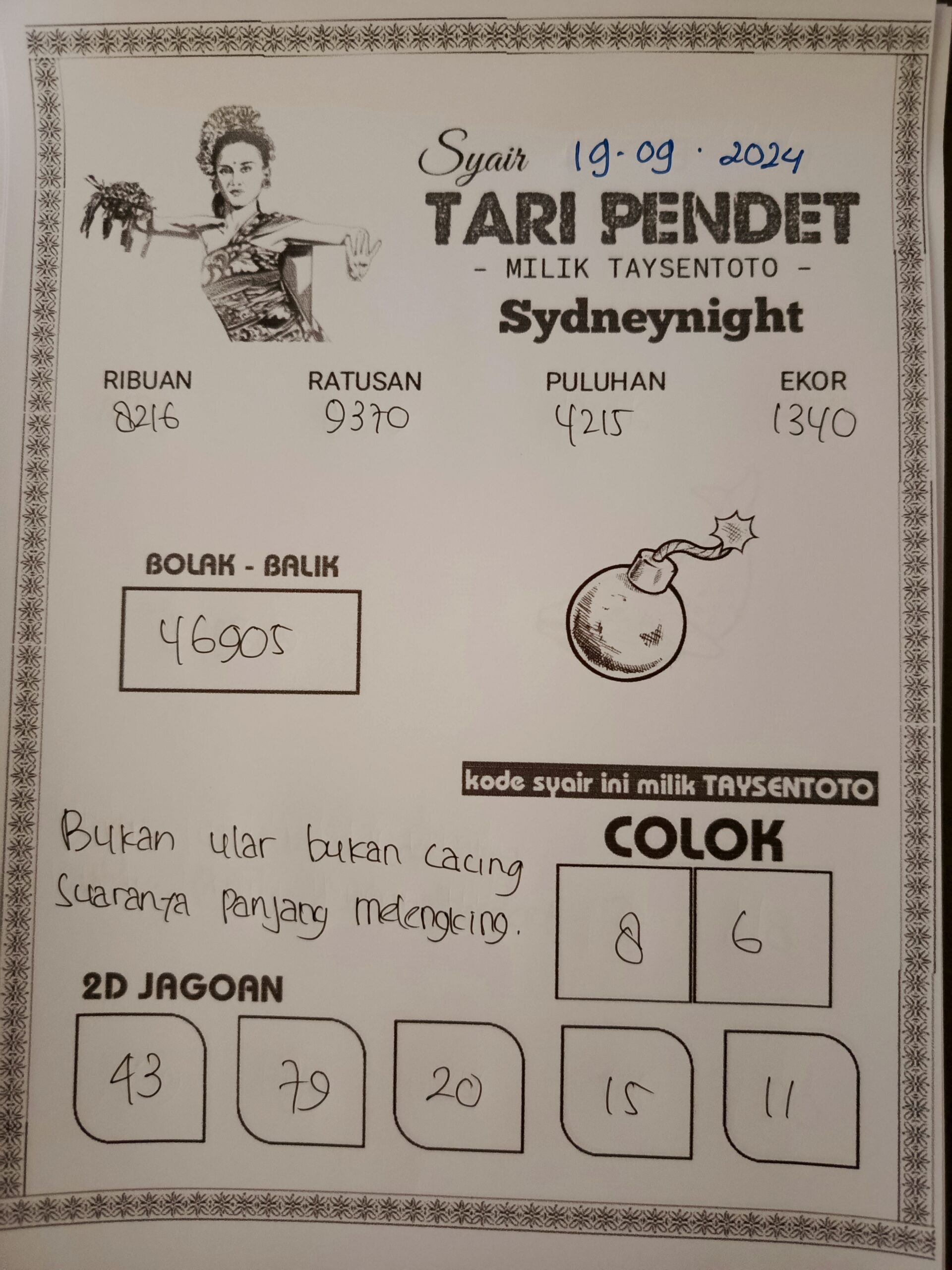 Syair Tari Pendet SydneyNight Hari ini Kamis,19 September 2024