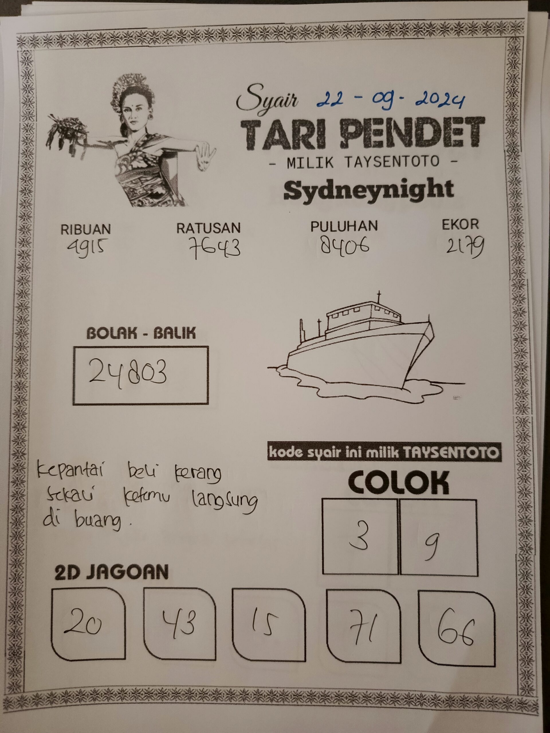 Syair Tari Pendet SydneyNight Hari ini Minggu,22 September 2024