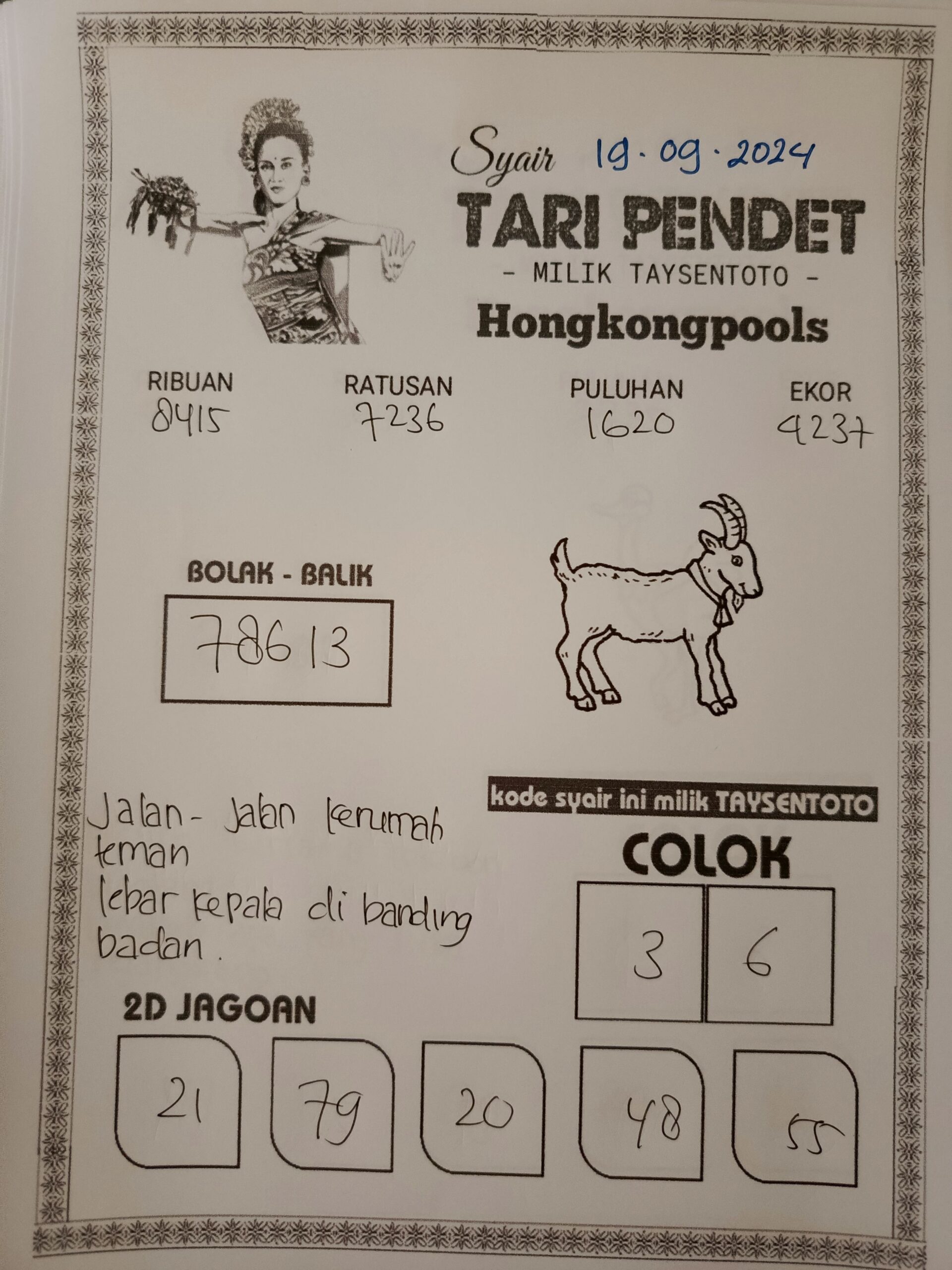 Syair Tari Pendet HK Hari Ini Kamis,19 September 2024