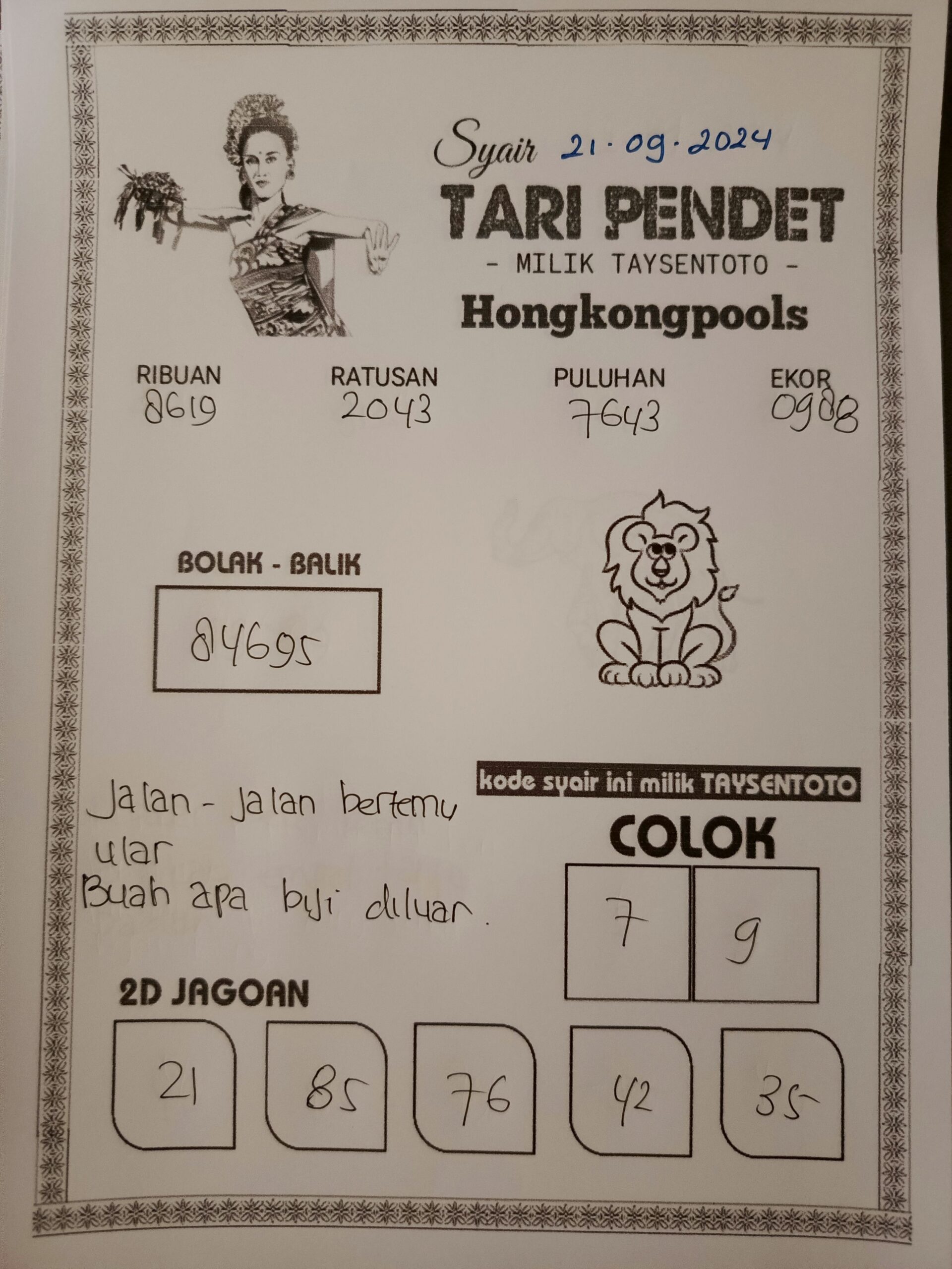 Syair Tari Pendet HK Hari Ini Sabtu,21 September 2024