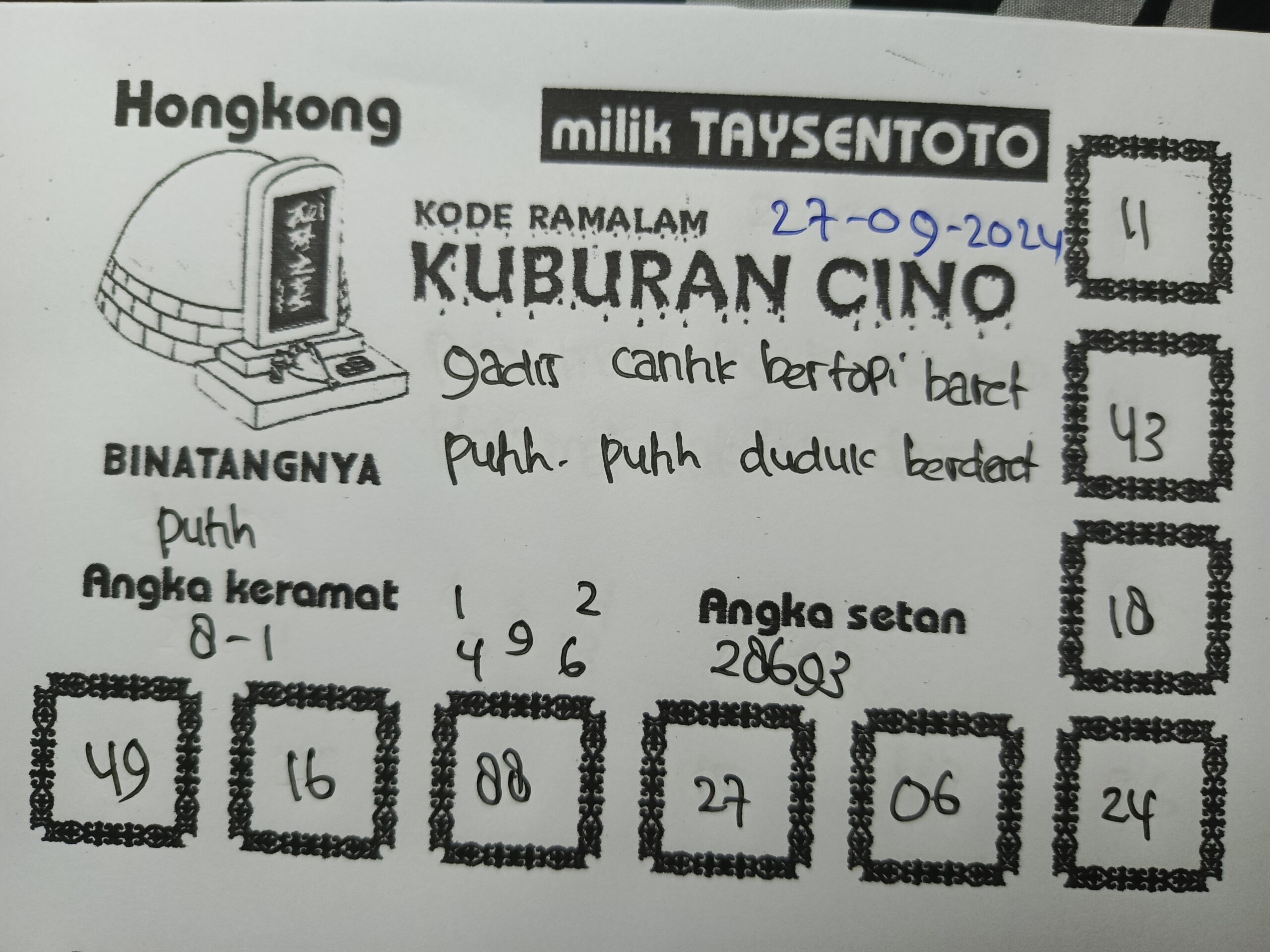 Syair Kuburan Cino HK Hari Ini Jumat,27 September 2024