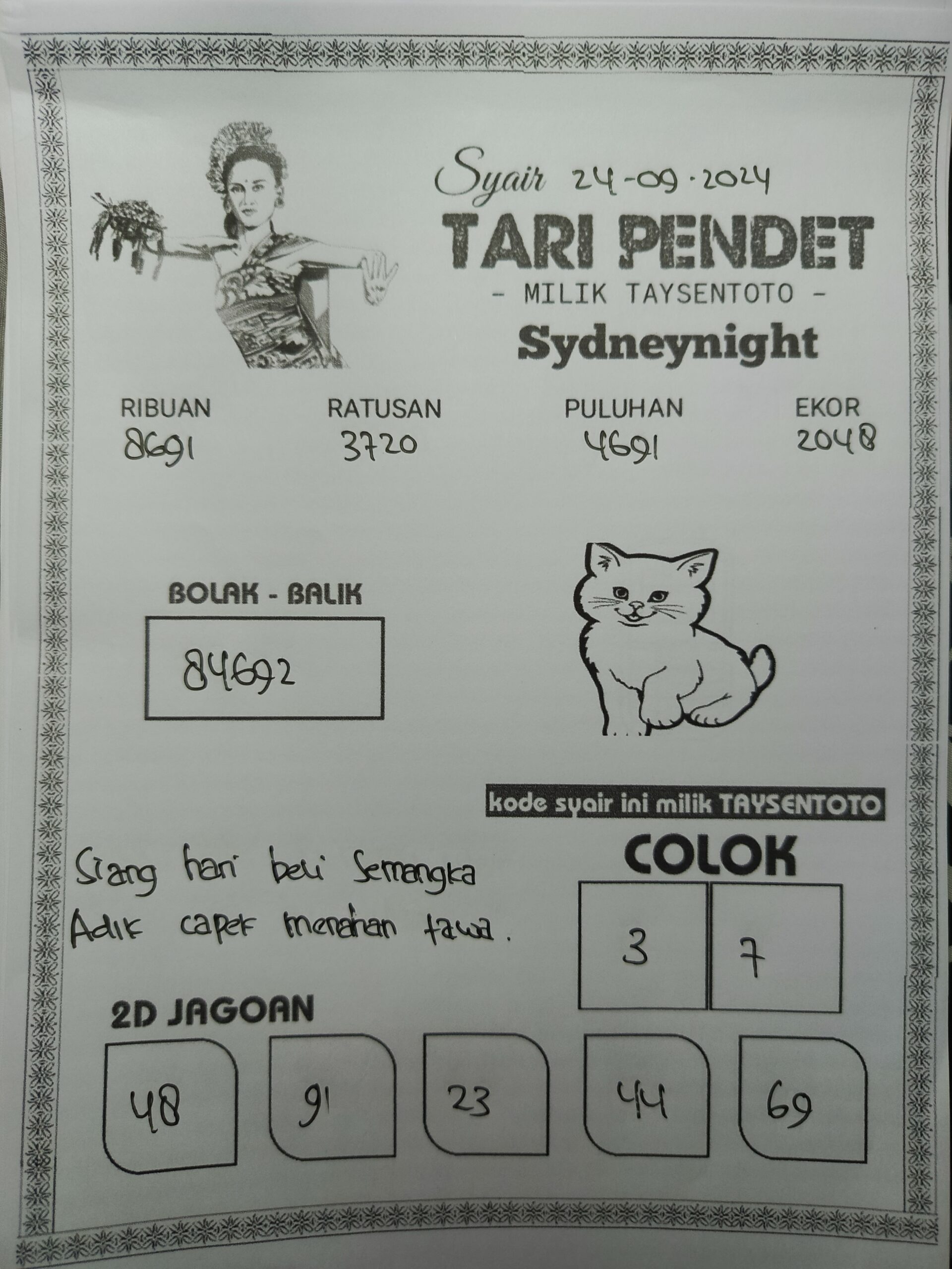 Syair Tari Pendet SydneyNight Hari ini Selasa,24 September 2024