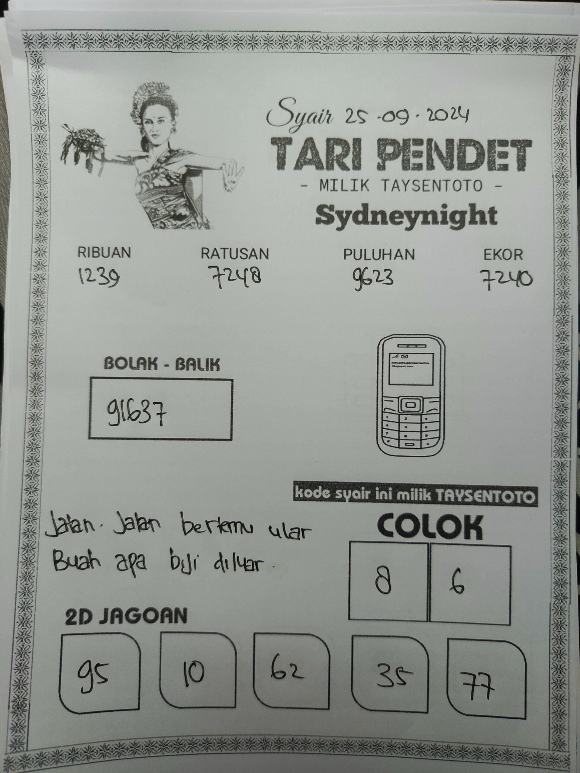 Syair Tari Pendet SydneyNight Hari ini Rabu,25 September 2024