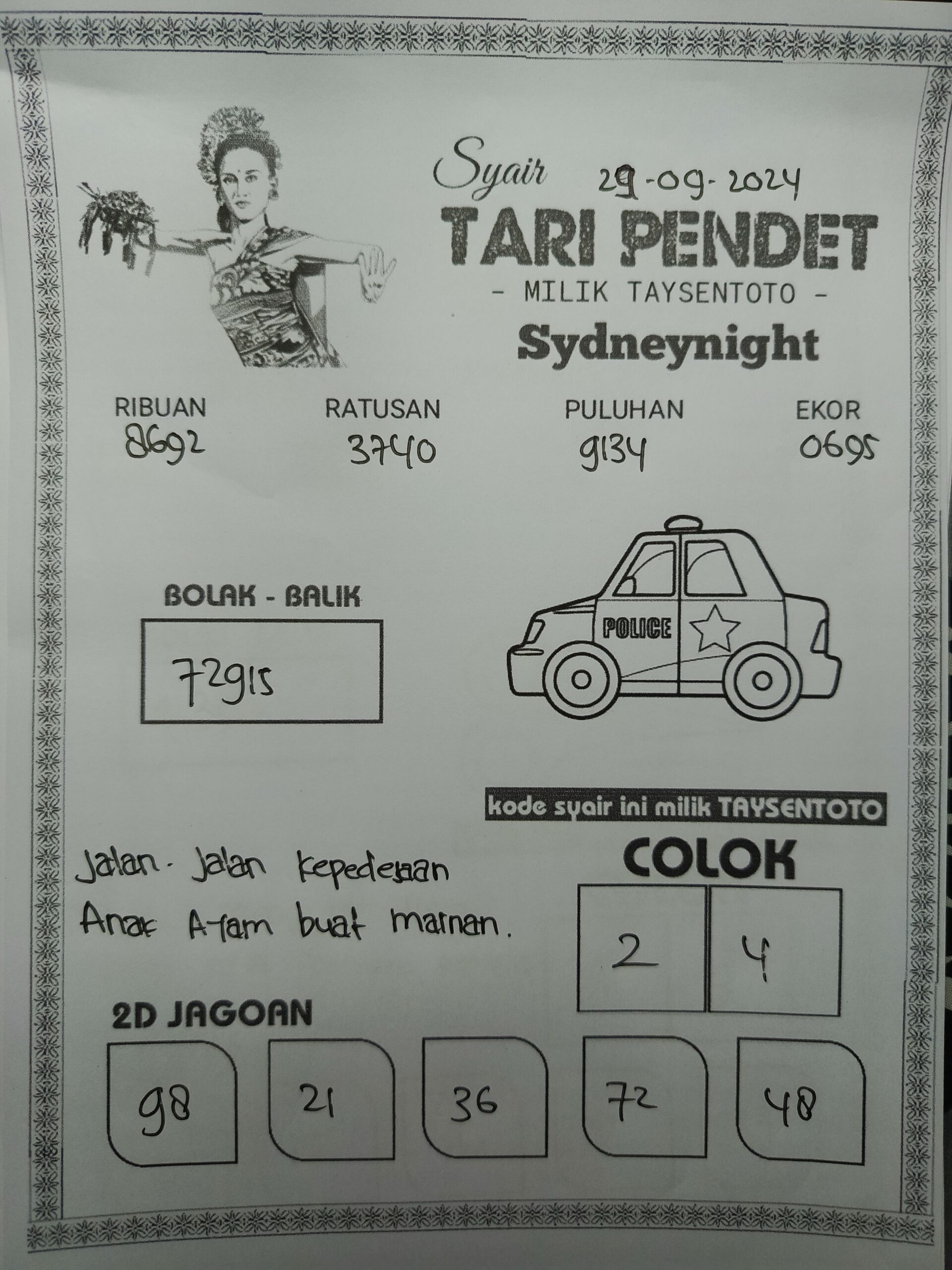 Syair Tari Pendet SydneyNight Hari ini Minggu,29 September 2024