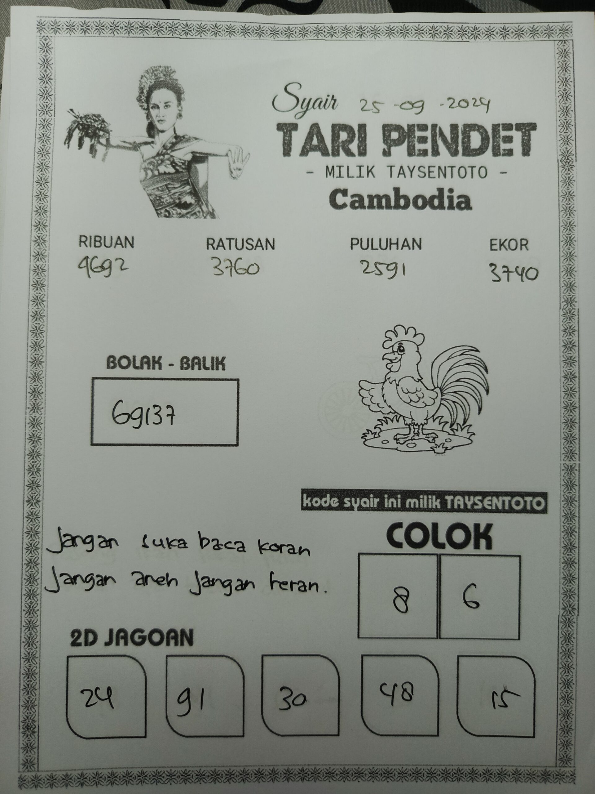 Syair Tari Pendet Cambodia Hari Ini Rabu,25 September 2024