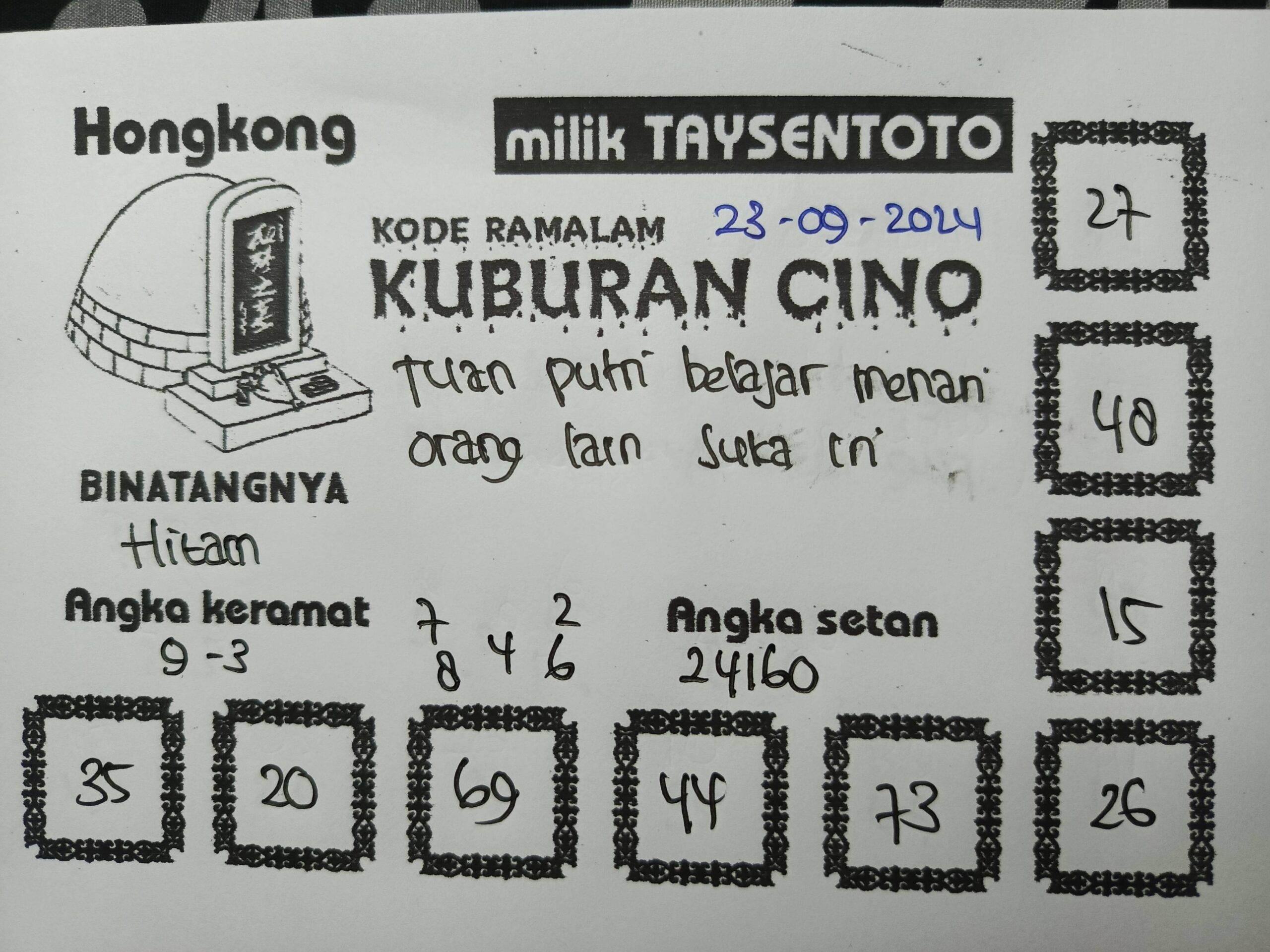 Syair Kuburan Cino HK Hari Ini Senin,23 September 2024