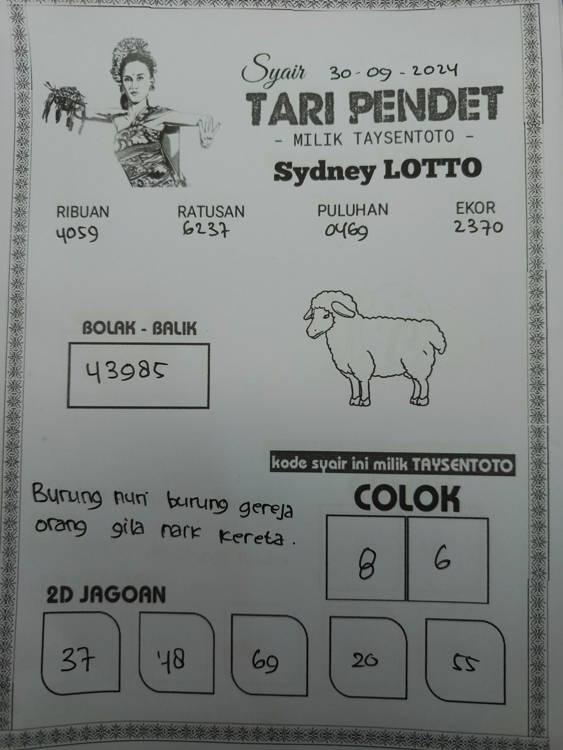 Syair Tari Pendet Sydney Hari ini Senin,30 September 2024