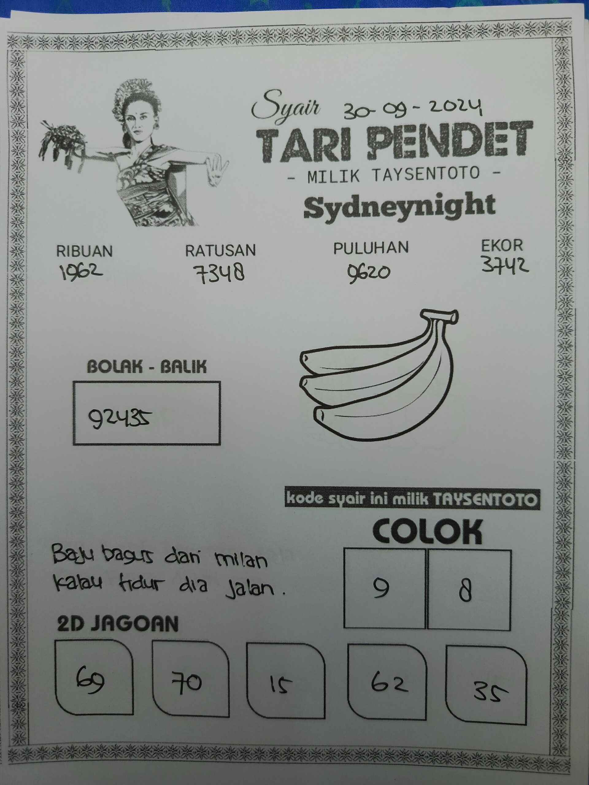 Syair Tari Pendet SydneyNight Hari ini Senin,30 September 2024