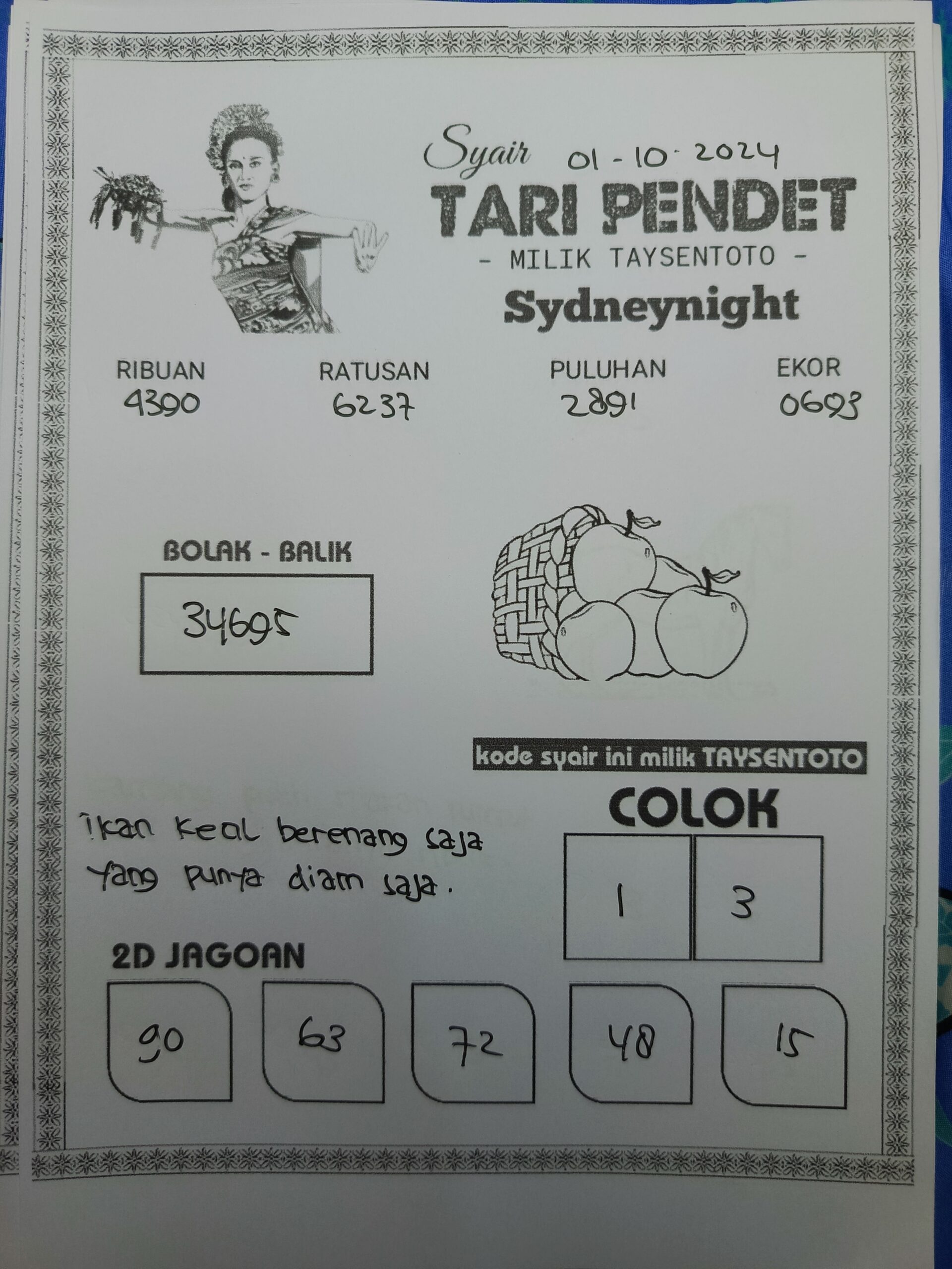 Syair Tari Pendet SydneyNight Hari ini Selasa, 01 Oktober 2024