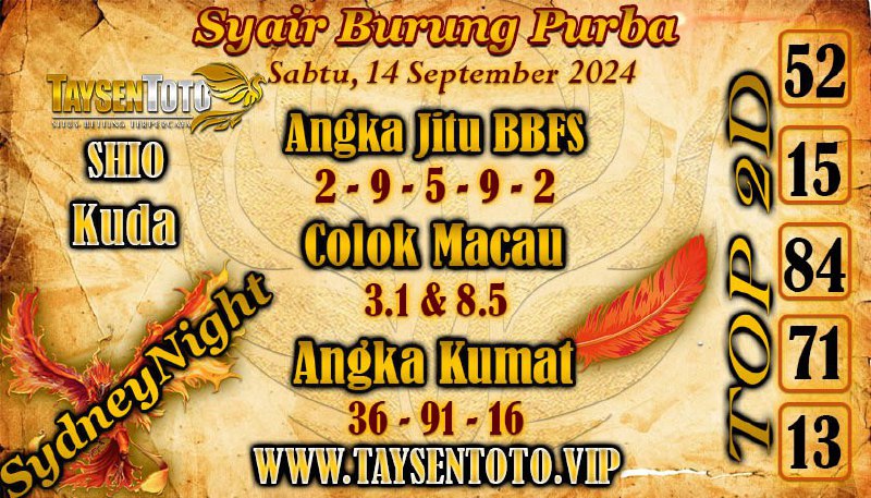 Syair Burung Purba SydneyNight Hari ini Sabtu,14 September 2024