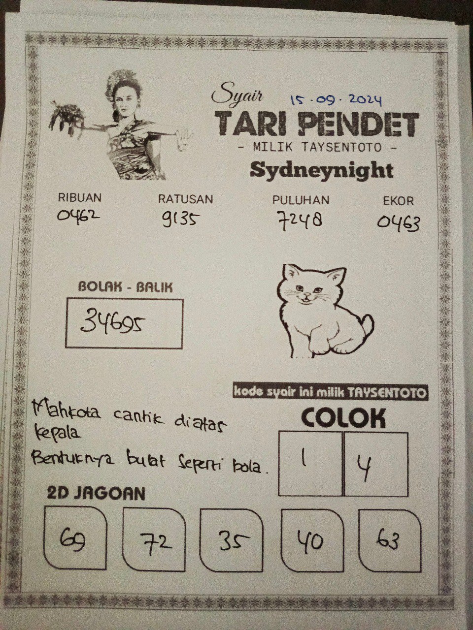 Syair Tari Pendet SydneyNight Hari ini Minggu 15 September 2024