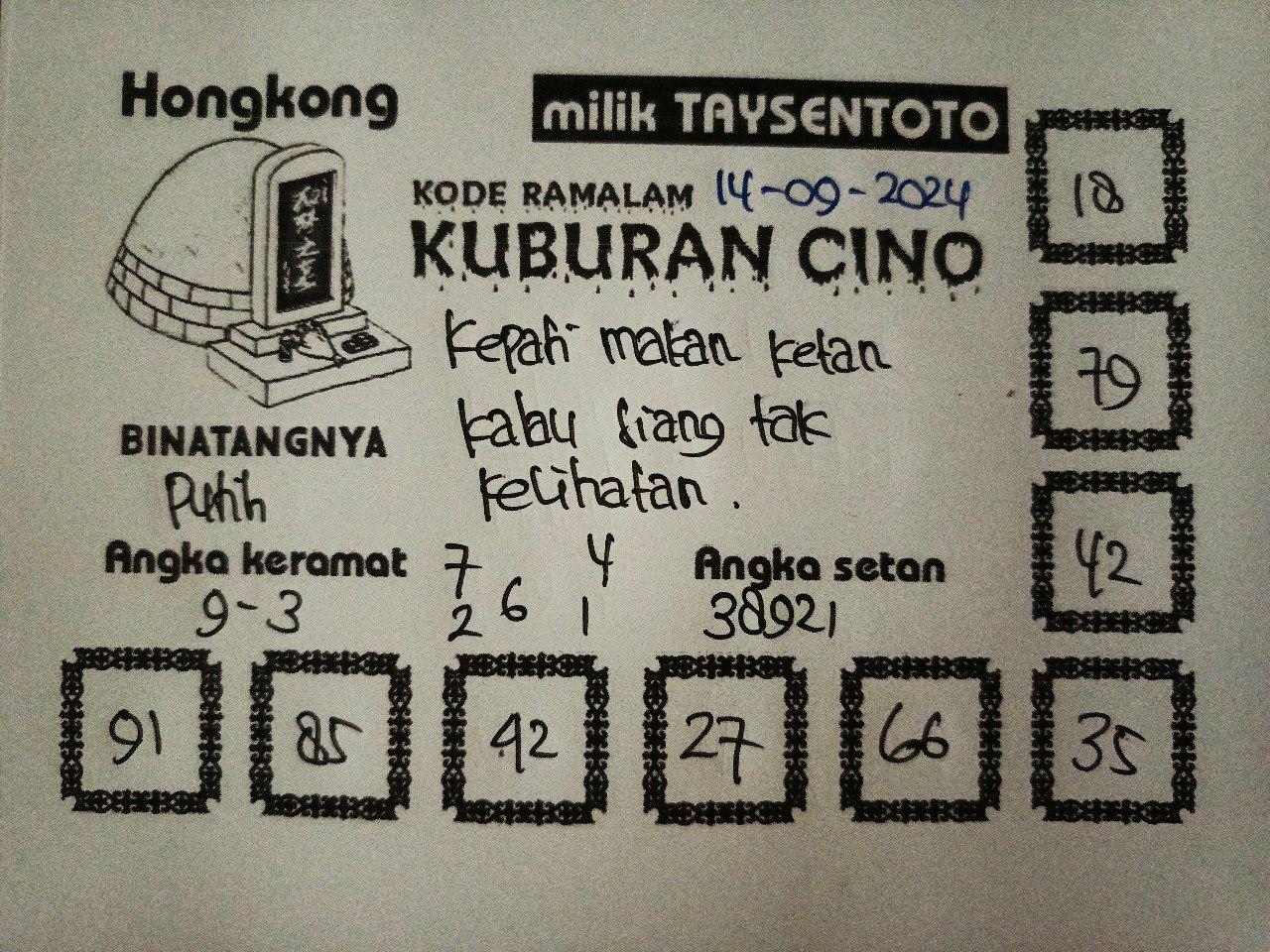 Syair Kuburan Cino HK Hari Ini Sabtu 14 September 2024