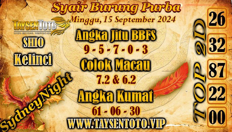 Syair Burung Purba SydneyNight Hari ini Minggu 15 September 2024