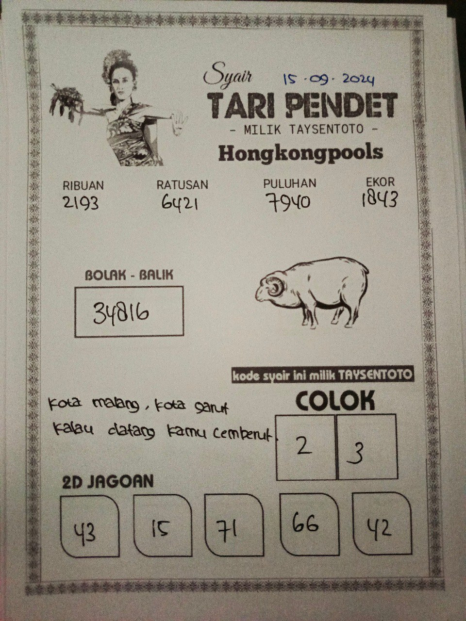 Syair Tari Pendet HK Hari Ini Minggu,15 September 2024