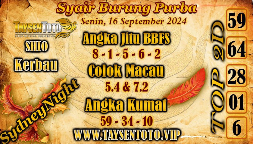 Syair Burung Purba SydneyNight Hari ini Senin,16 September 2024