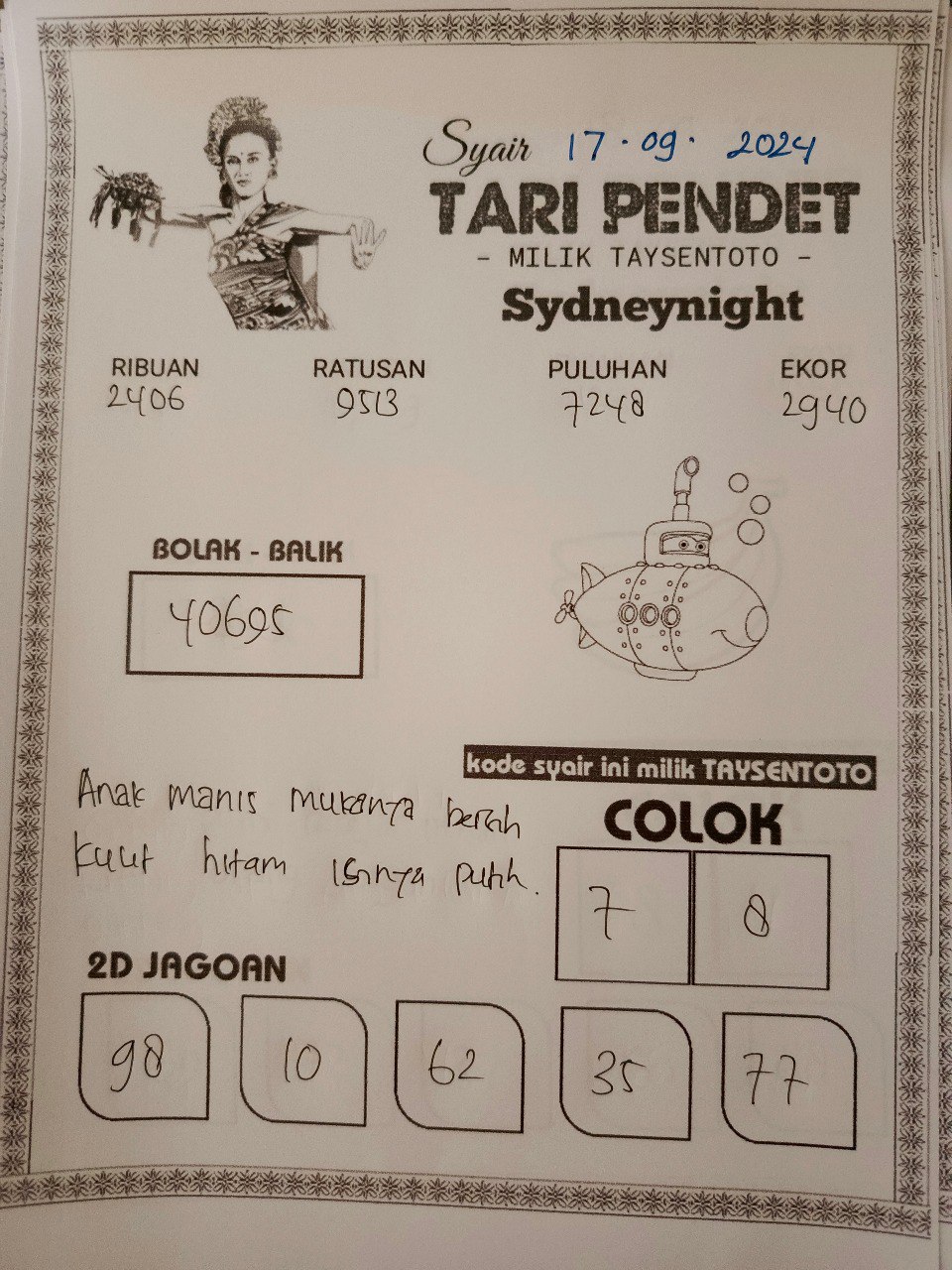 Syair Tari Pendet SydneyNight Hari ini Selasa,17 September 2024