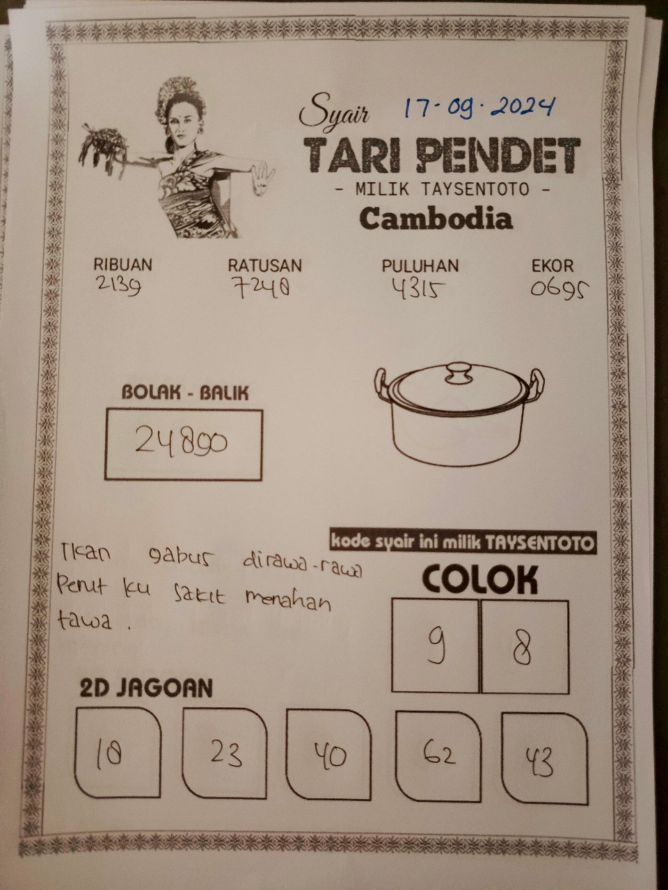 Syair Kuburan Cino Cambodia Hari Ini Selasa,17 September 2024