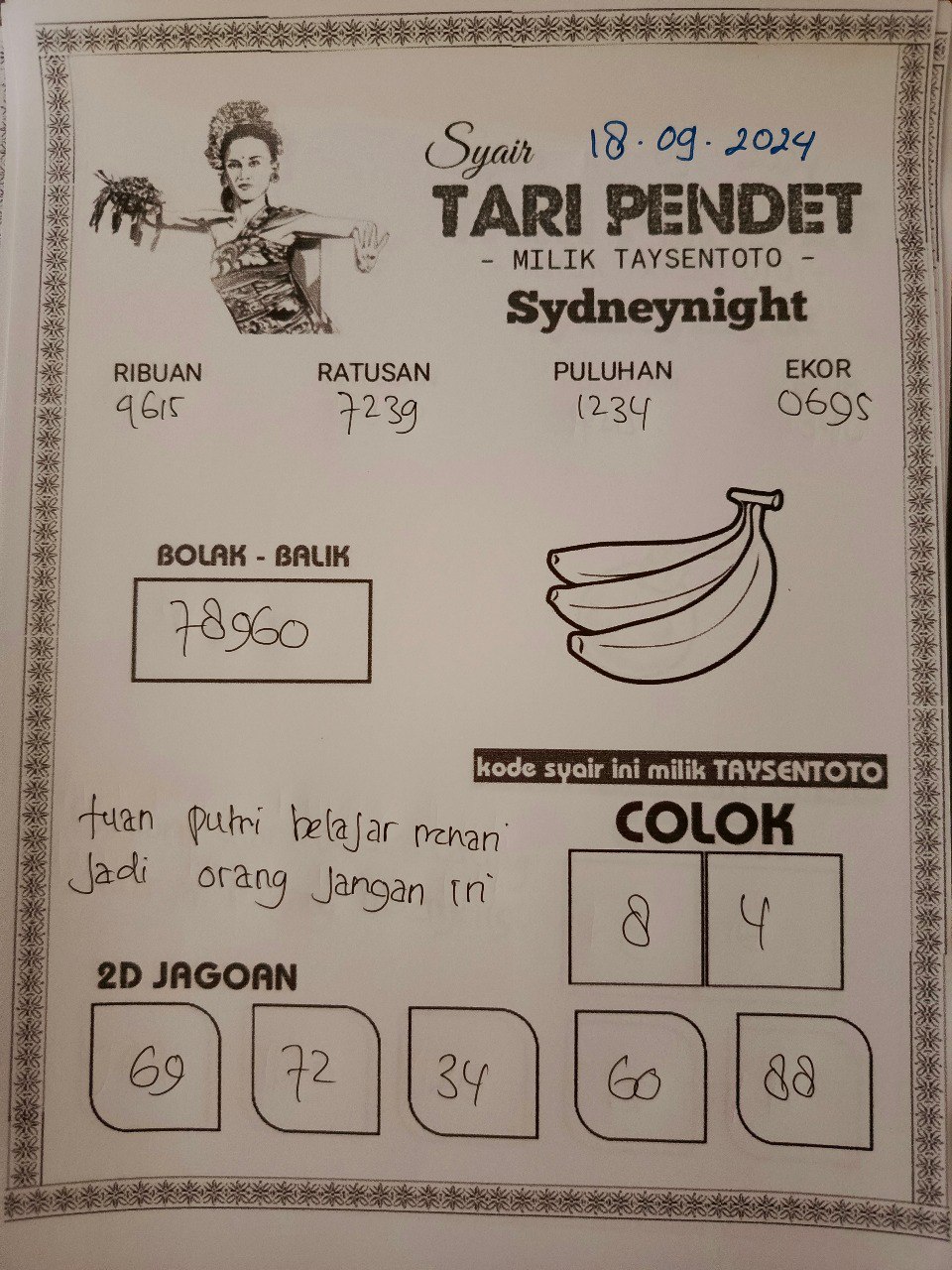 Syair Tari Pendet SydneyNight Hari ini Rabu,18 September 2024