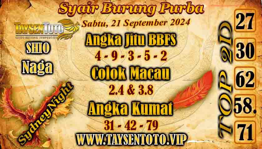 Syair Burung Purba SydneyNight Hari ini Sabtu,21 September 2024