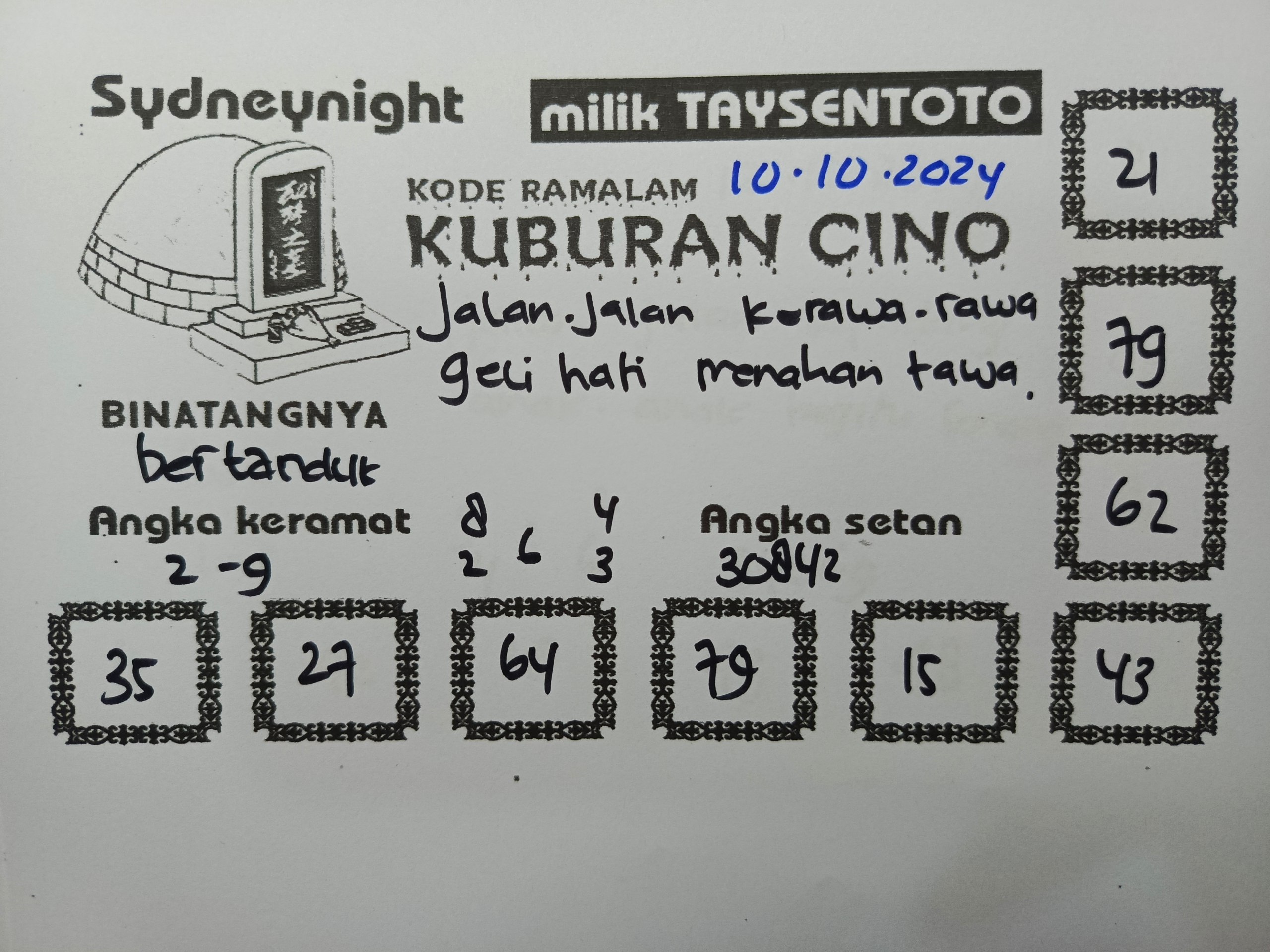 Syair Kuburan Cino SydneyNight Hari ini Kamis, 10 Oktober 2024