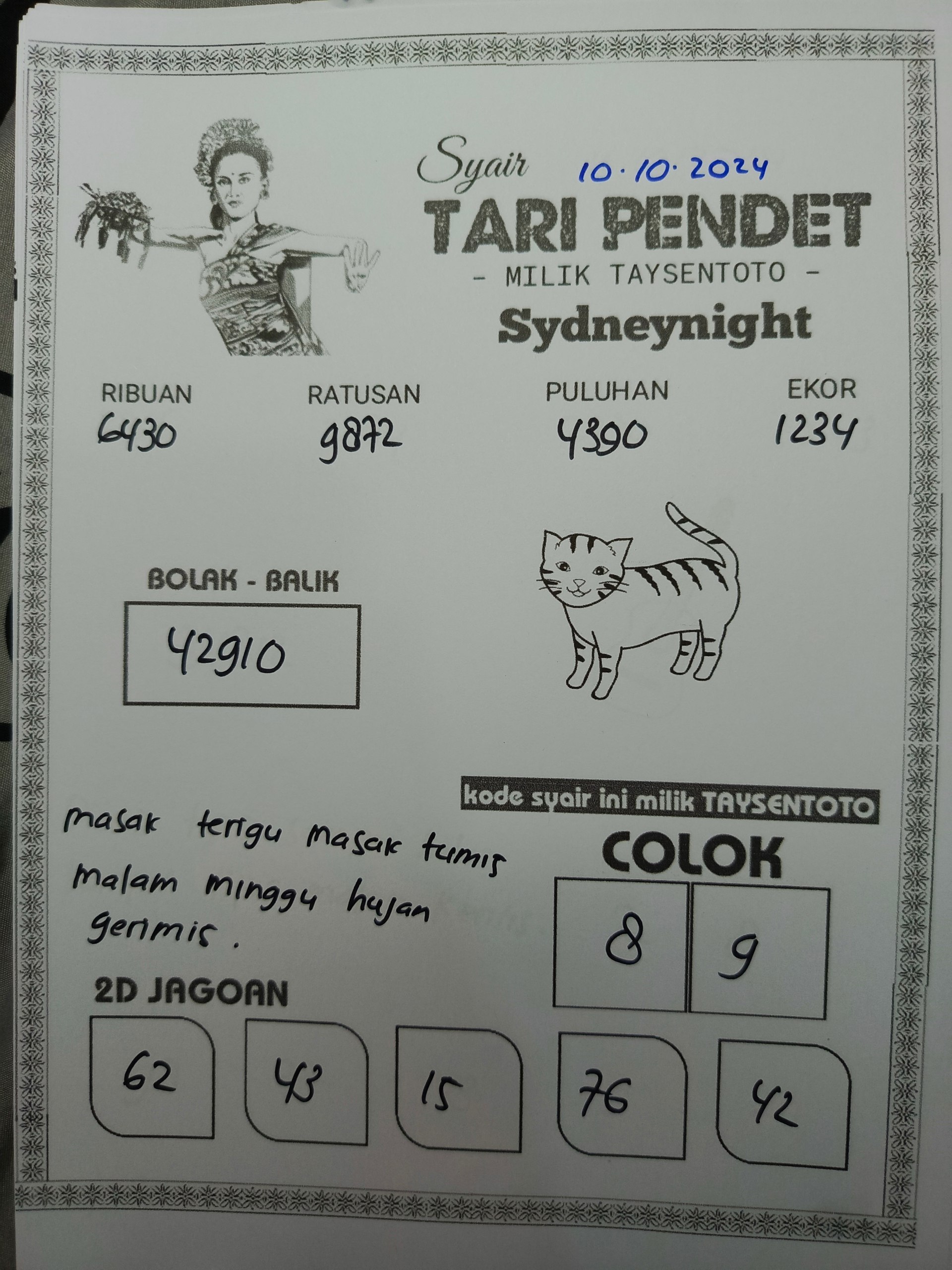 Syair Tari Pendet SydneyNight Hari ini Kamis, 10 Oktober 2024