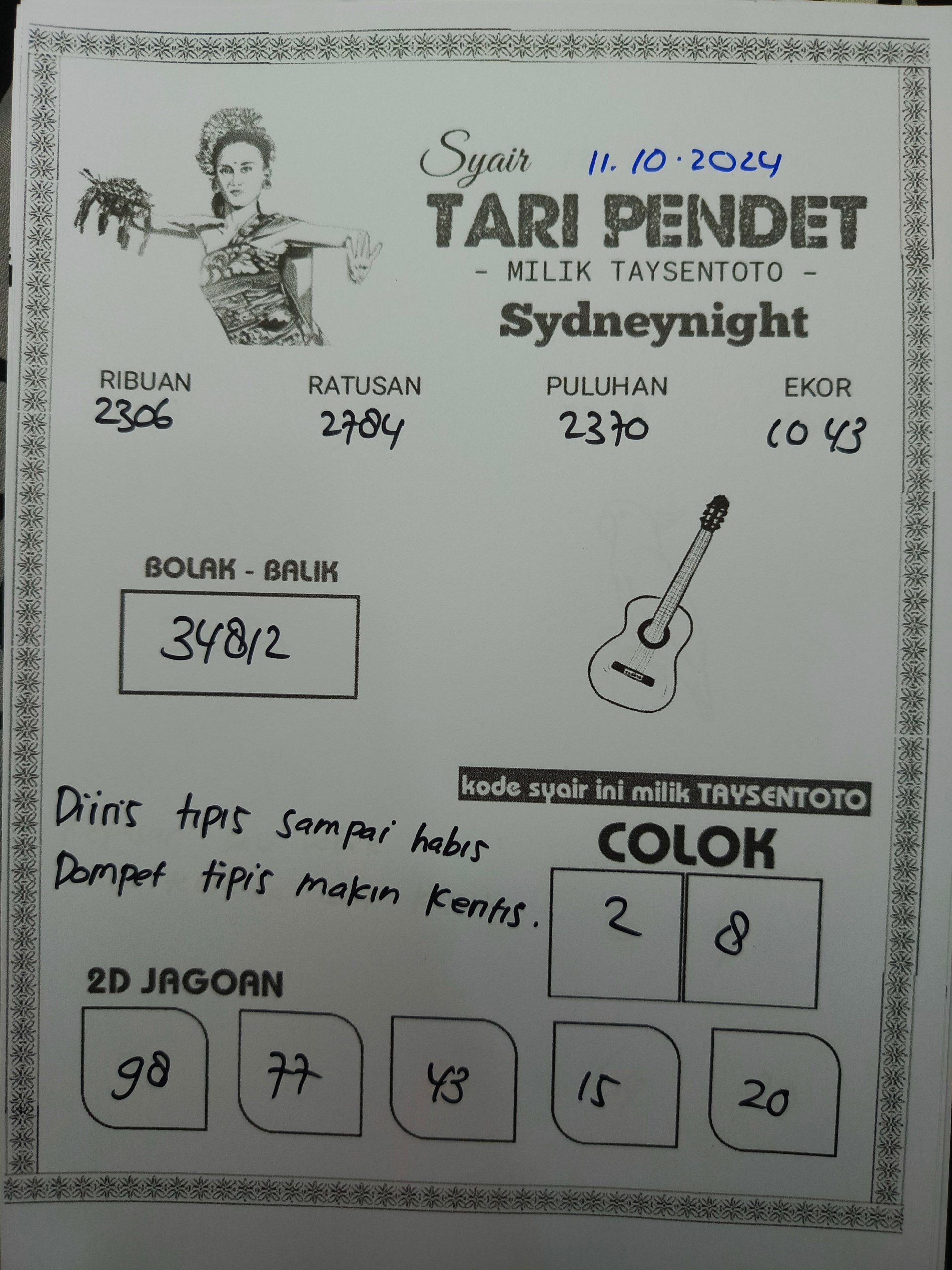 Syair Tari Pendet SydneyNight Hari ini Jum'at, 11 Oktober 2024