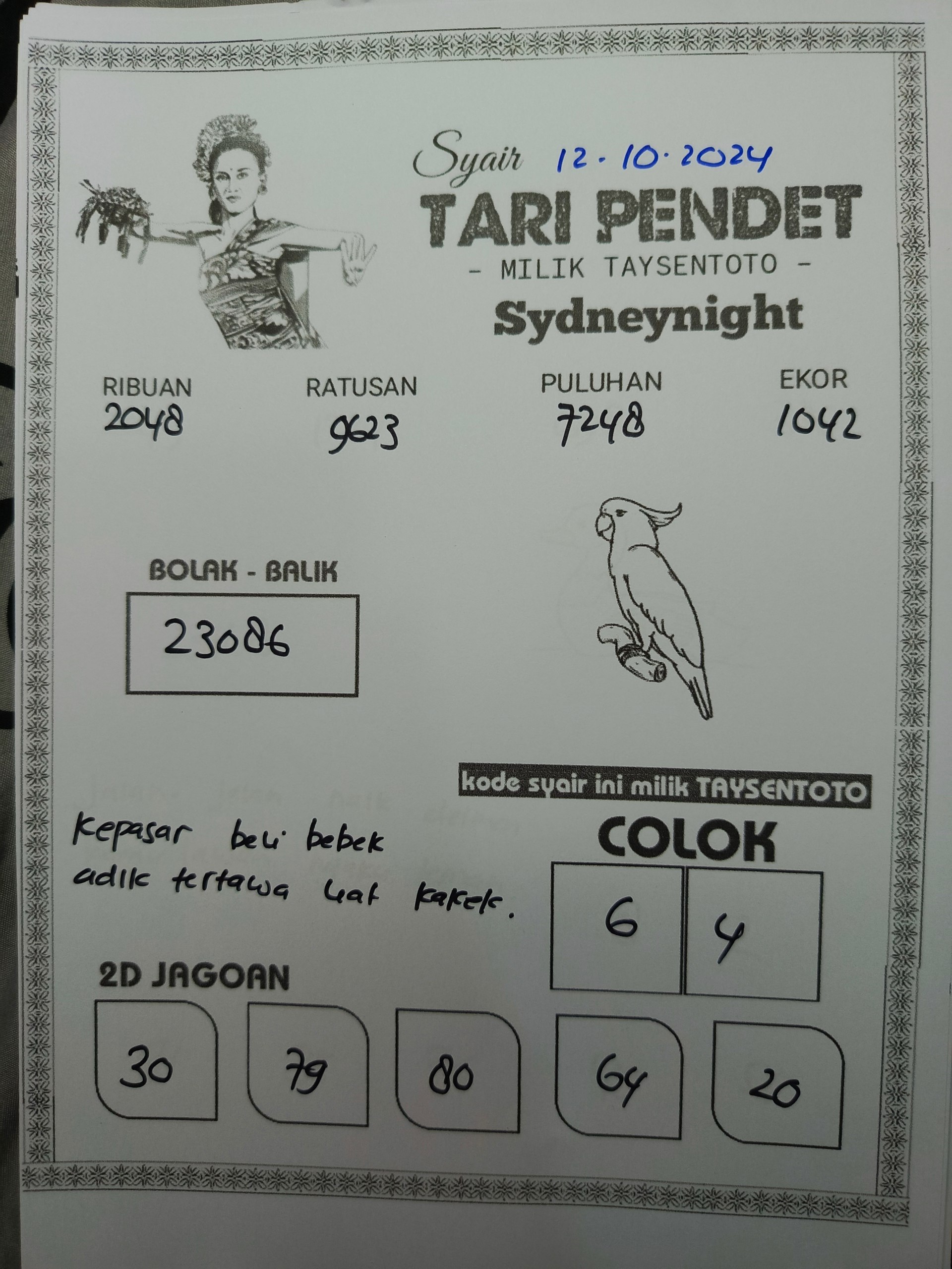 Syair Tari Pendet SydneyNight Hari ini Sabtu, 12 Oktober 2024