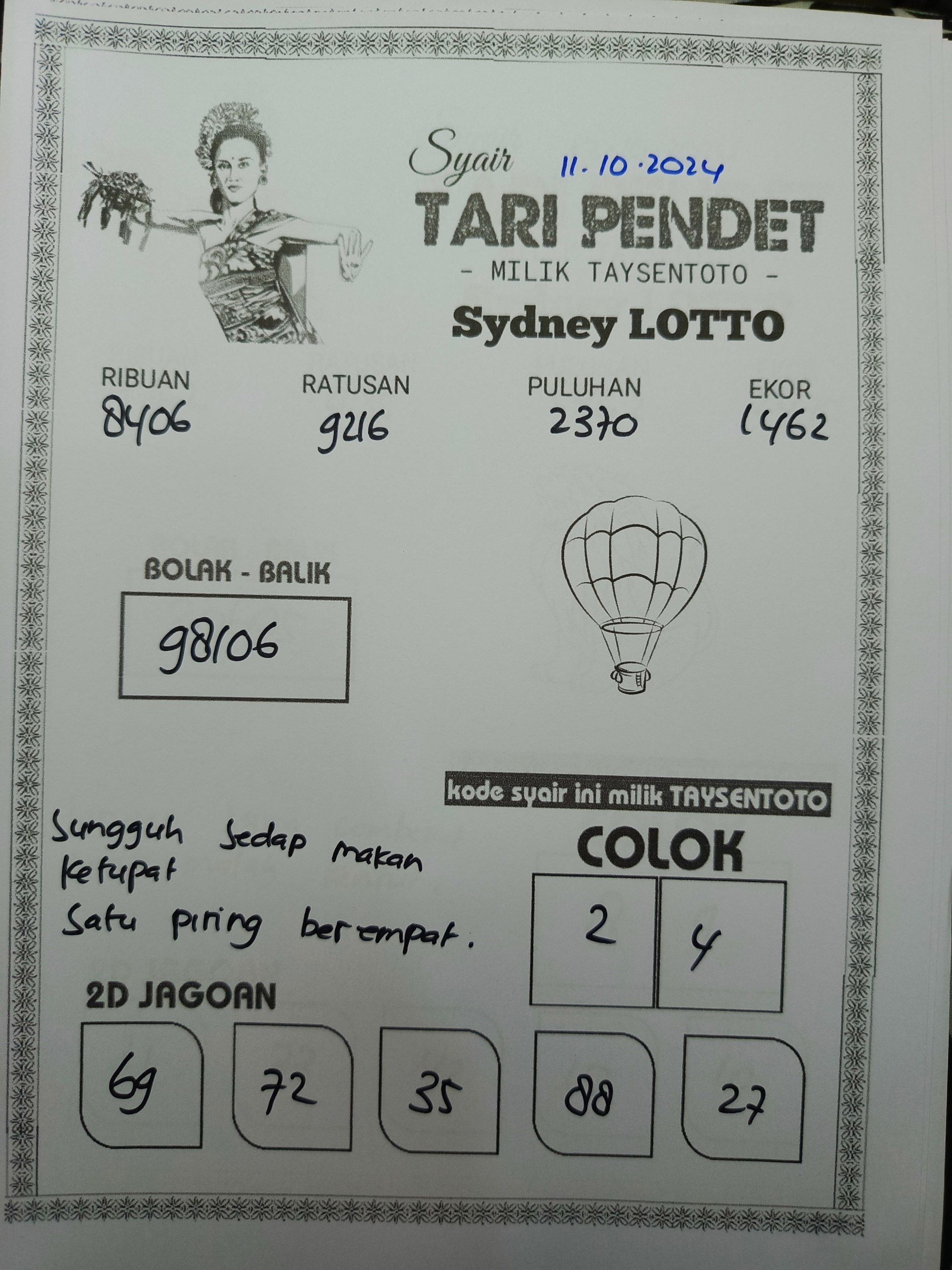 Syair Tari Pendet Sydney Hari ini Jum'at, 11 Oktober 2024