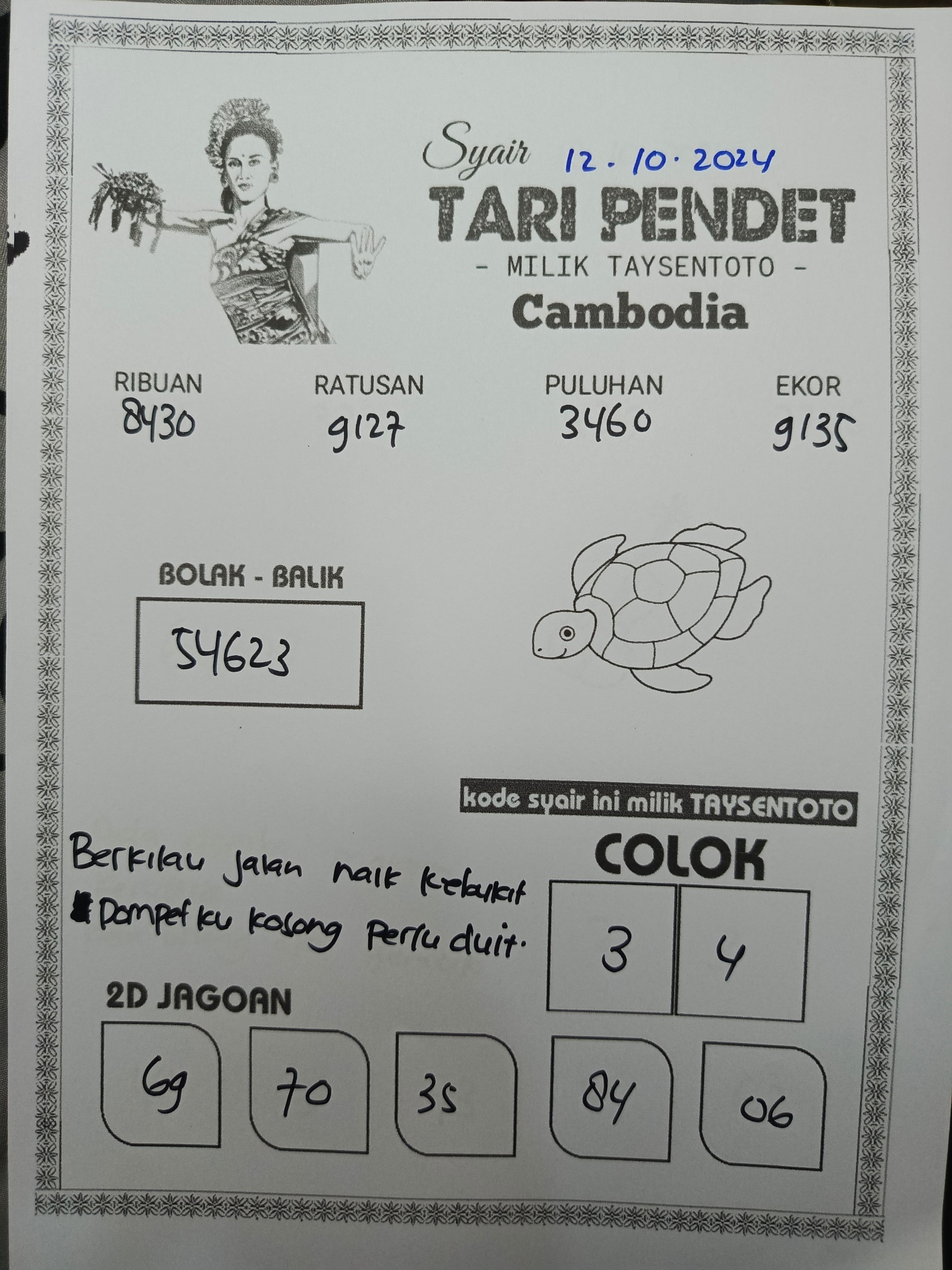 Syair Tari Pendet Cambodia Hari Ini Sabtu,12 Oktober 2024