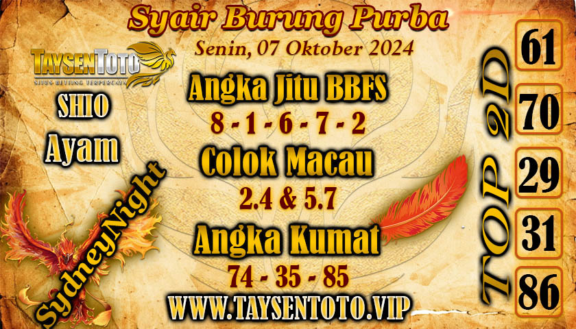 Syair Burung Purba SydneyNight Hari ini Senin,07 Oktober 2024 