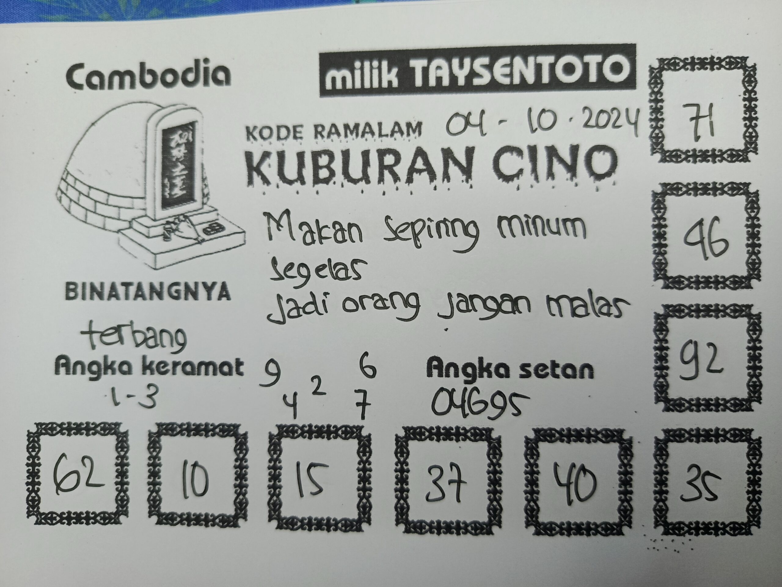 Syair Kuburan Cino Cambodia Hari Ini Jumat,04 Oktober 2024