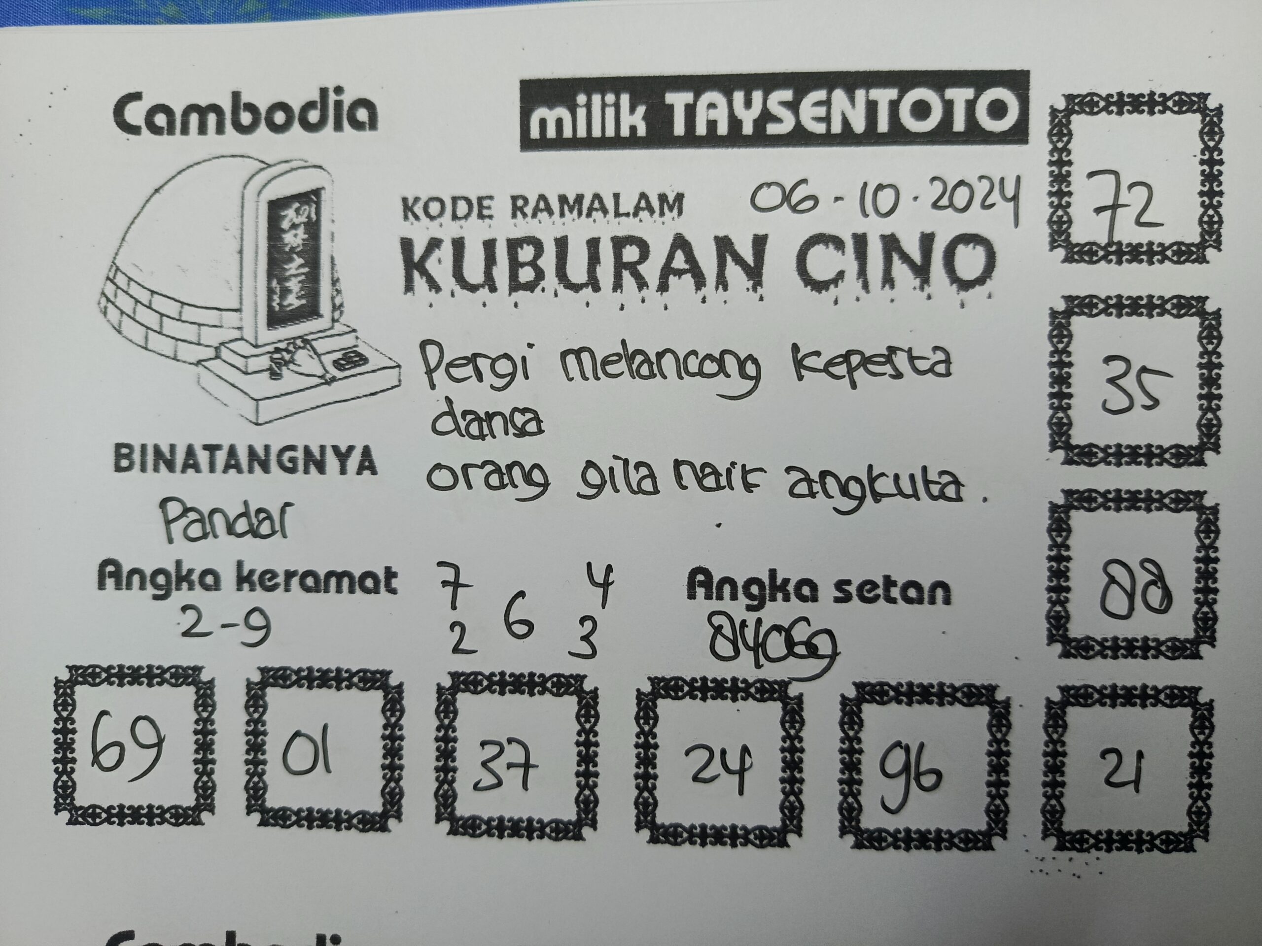 Syair Kuburan Cino Cambodia Hari Ini Minggu,06 Oktober 2024