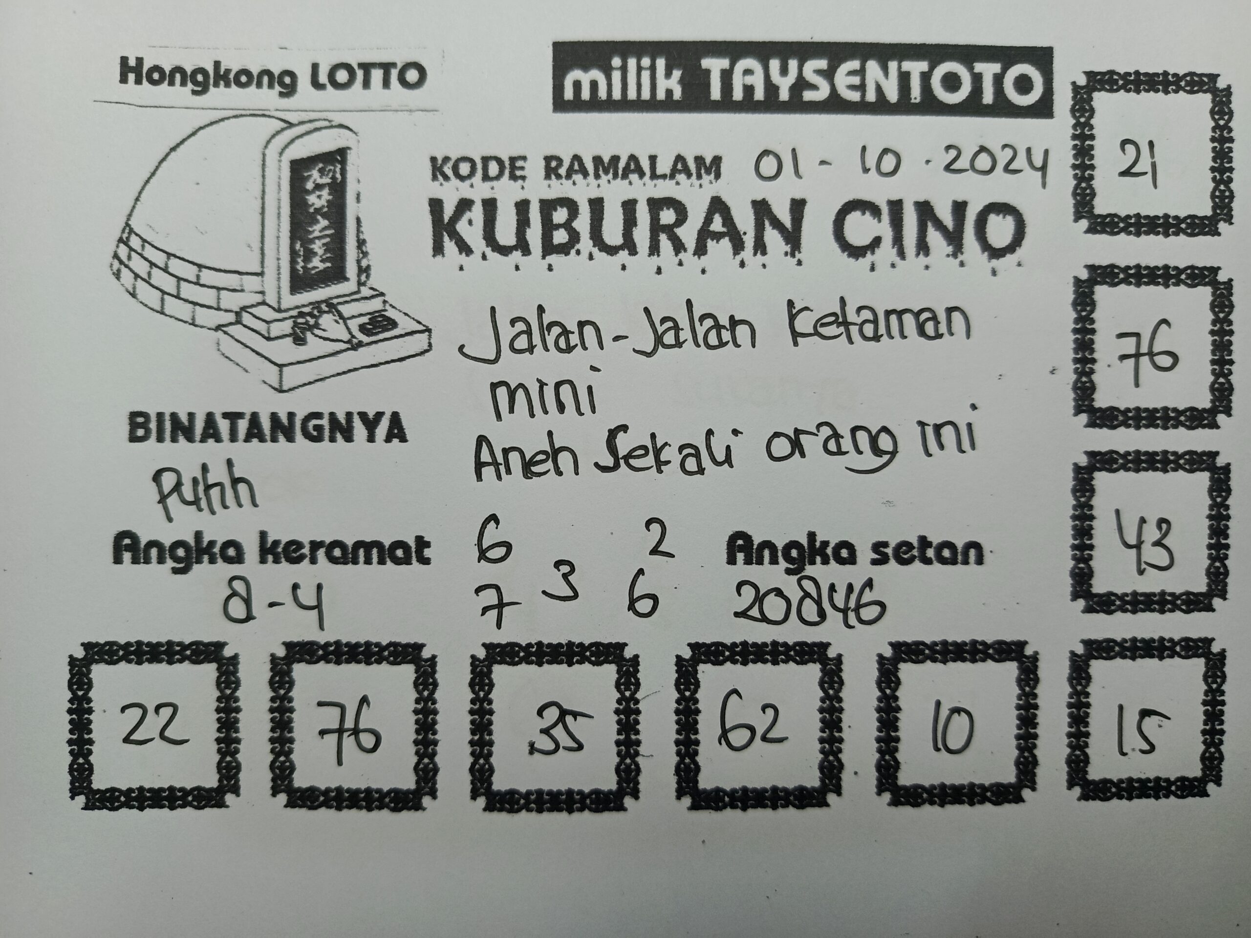 Syair Kuburan Cino HK Hari Ini Selasa, 01 Oktober 2024