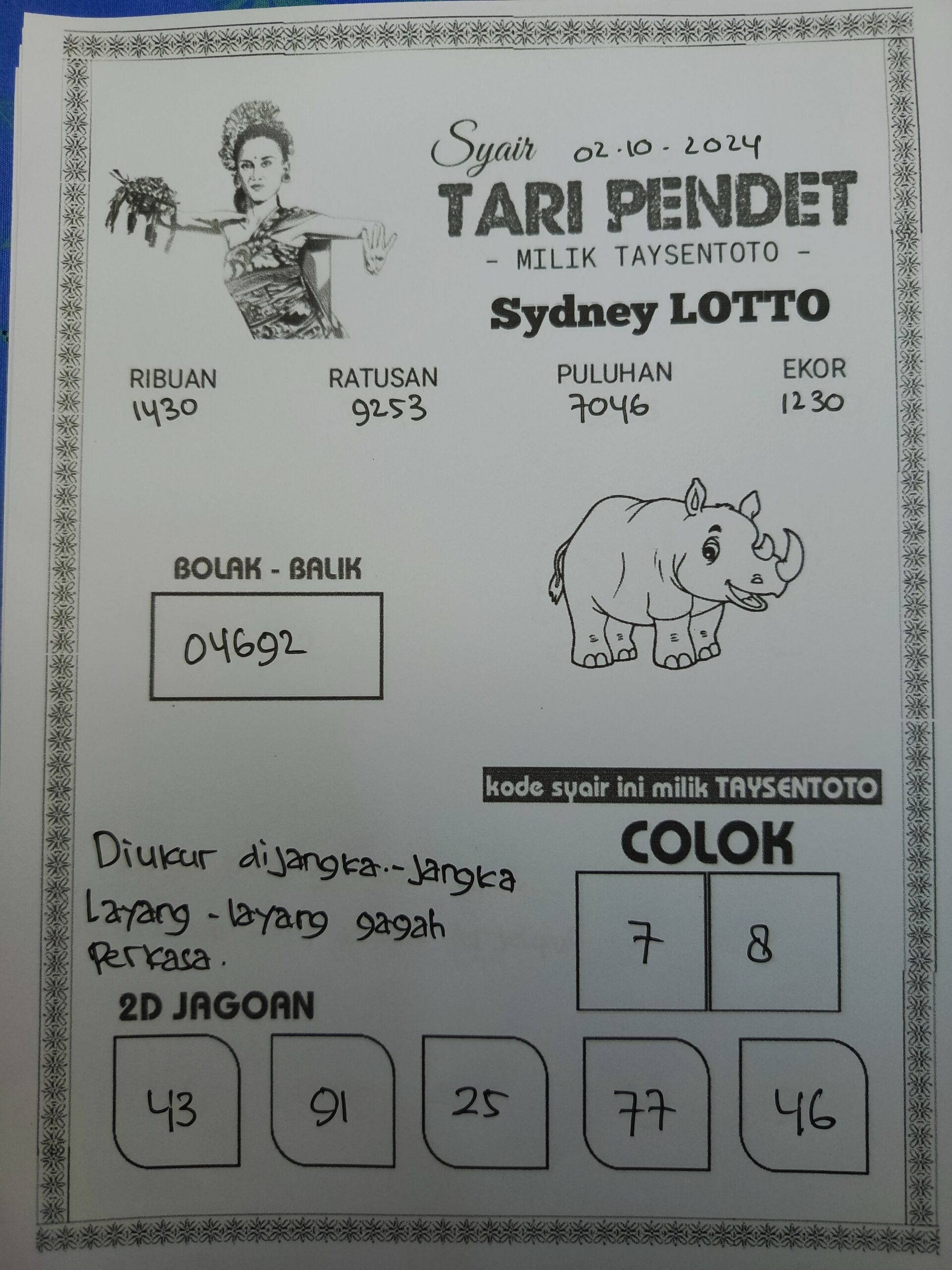 Syair Tari Pendet Sydney Hari ini Rabu,02 Oktober 2024