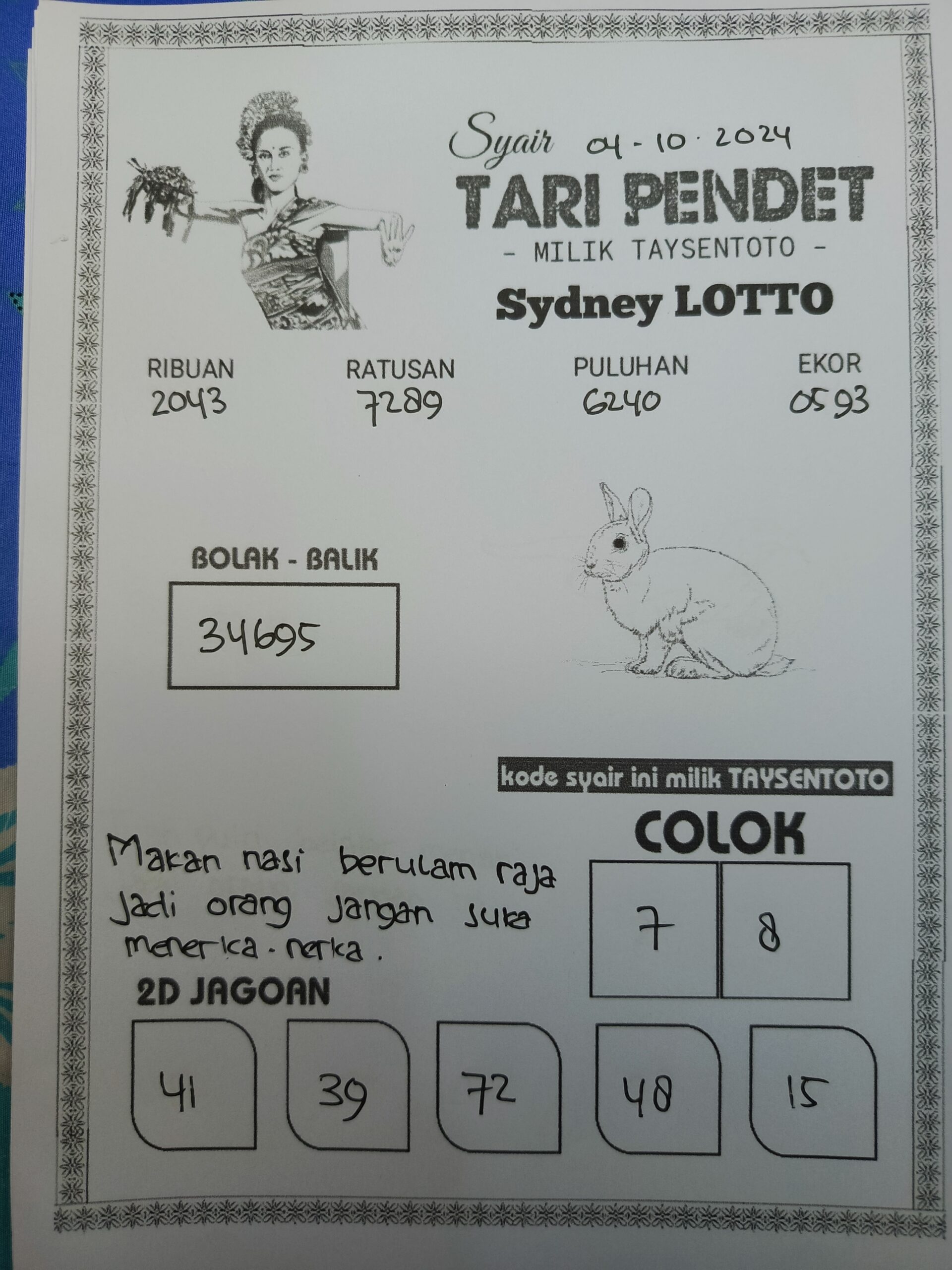 Syair Tari Pendet Sydney Hari ini Jumat,04 Oktober 2024