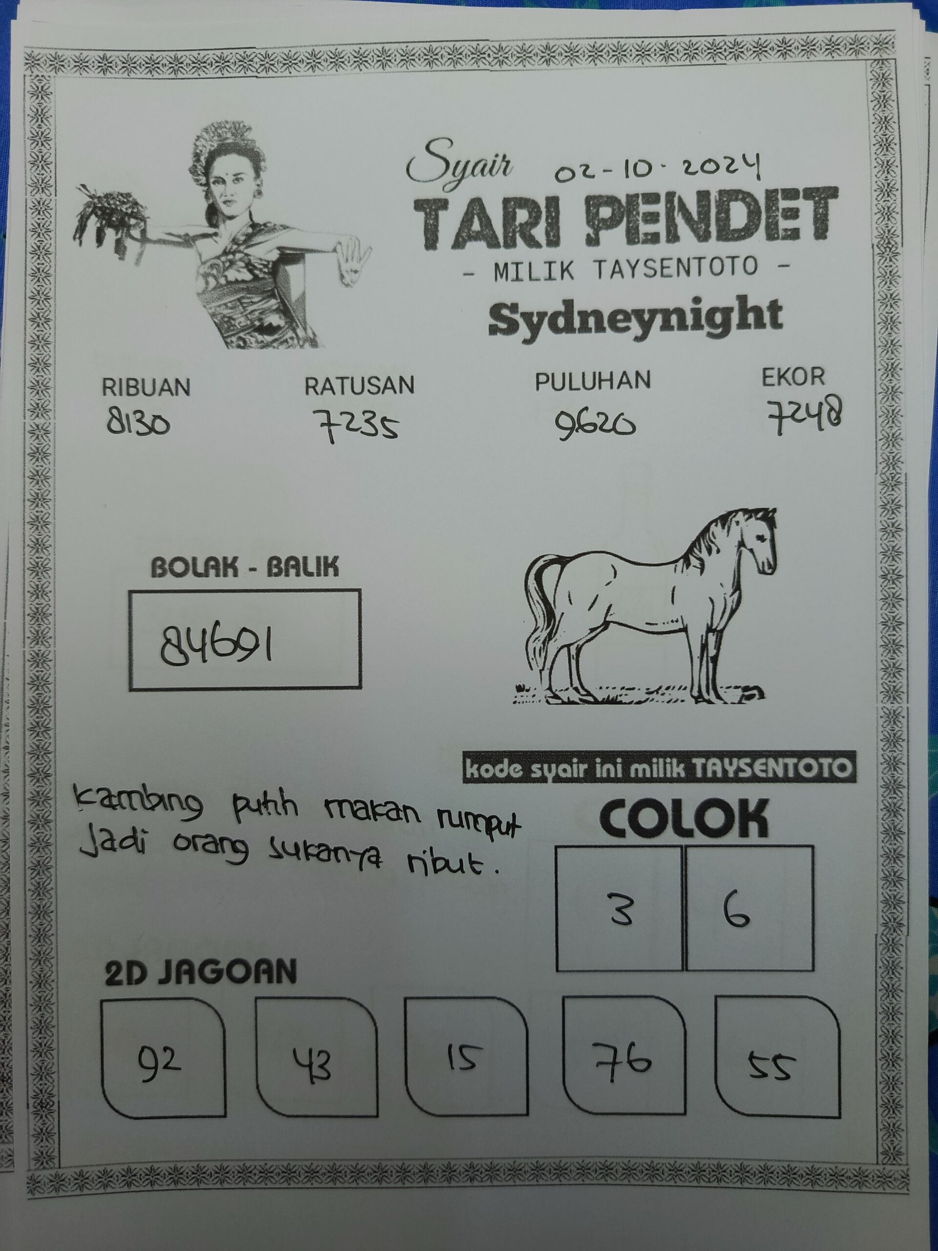 Syair Tari Pendet SydneyNight Hari ini Rabu, 02 Oktober 2024