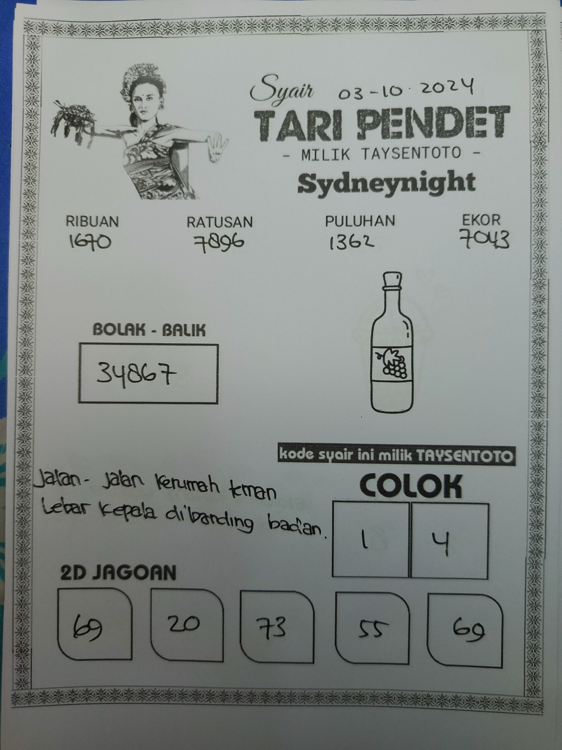 Syair Tari Pendet SydneyNight Hari ini Kamis, 03 Oktober 2024