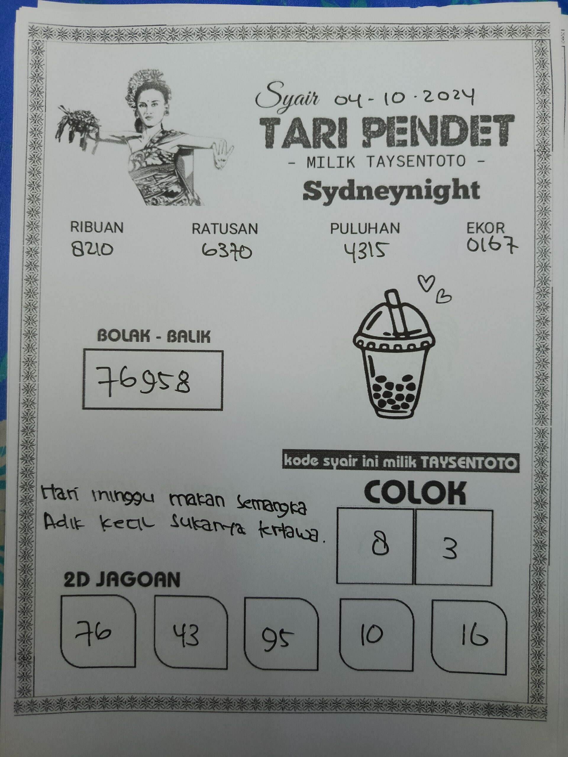 Syair Tari Pendet SydneyNight Hari ini Jumat, 04 Oktober 2024