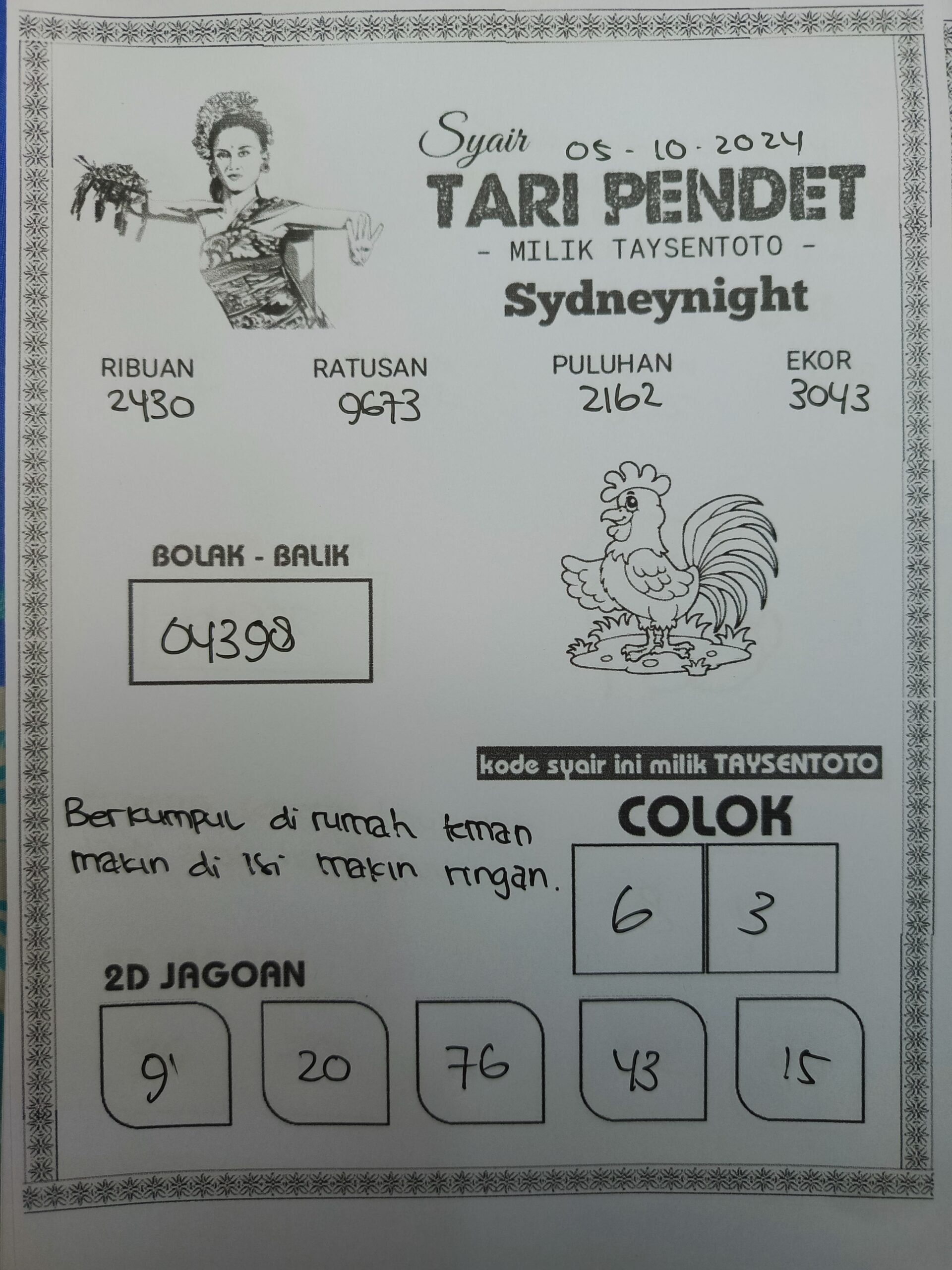 Syair Tari Pendet SydneyNight Hari ini Sabtu, 05 Oktober 2024