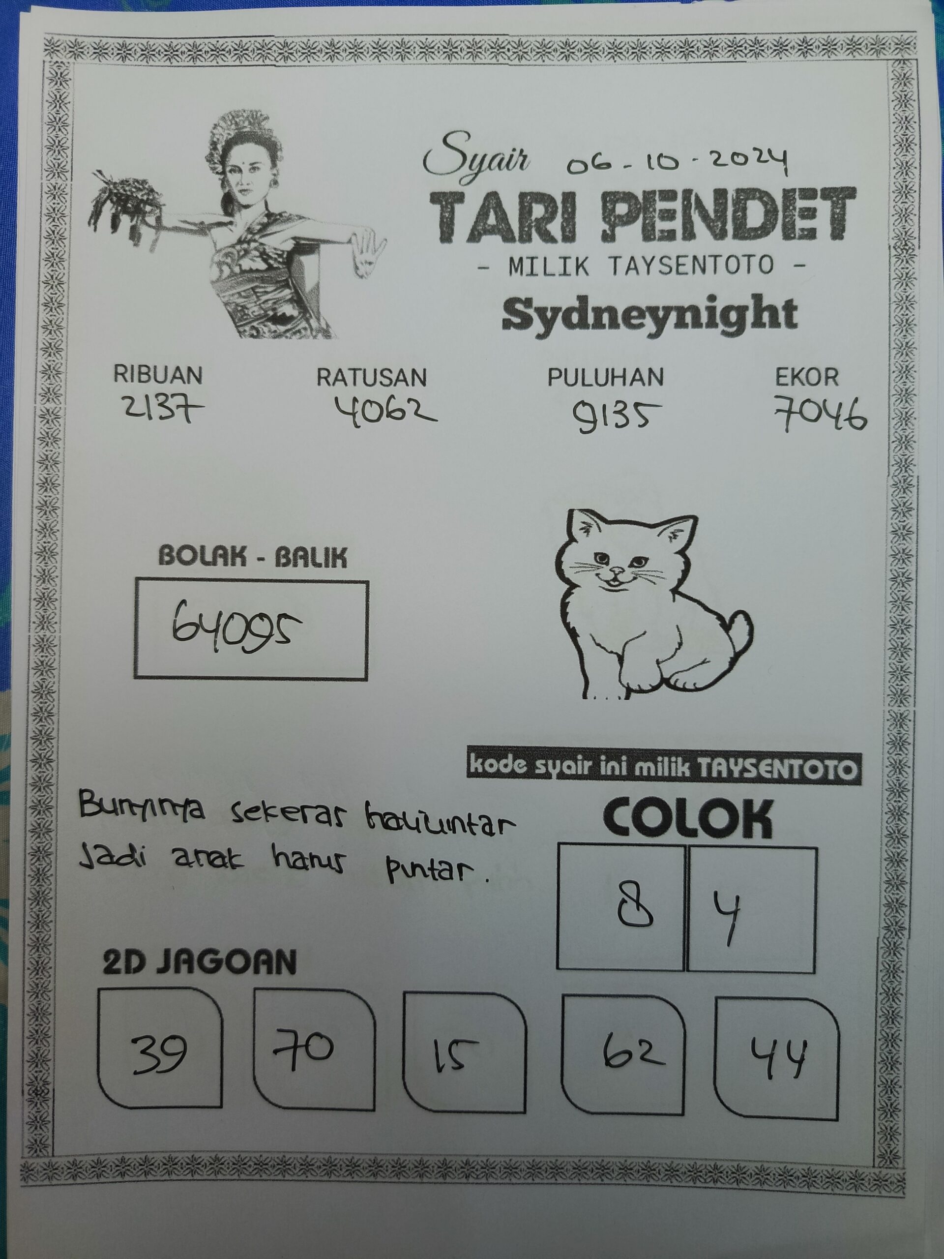 Syair Tari Pendet SydneyNight Hari ini Minggu, 06 Oktober 2024