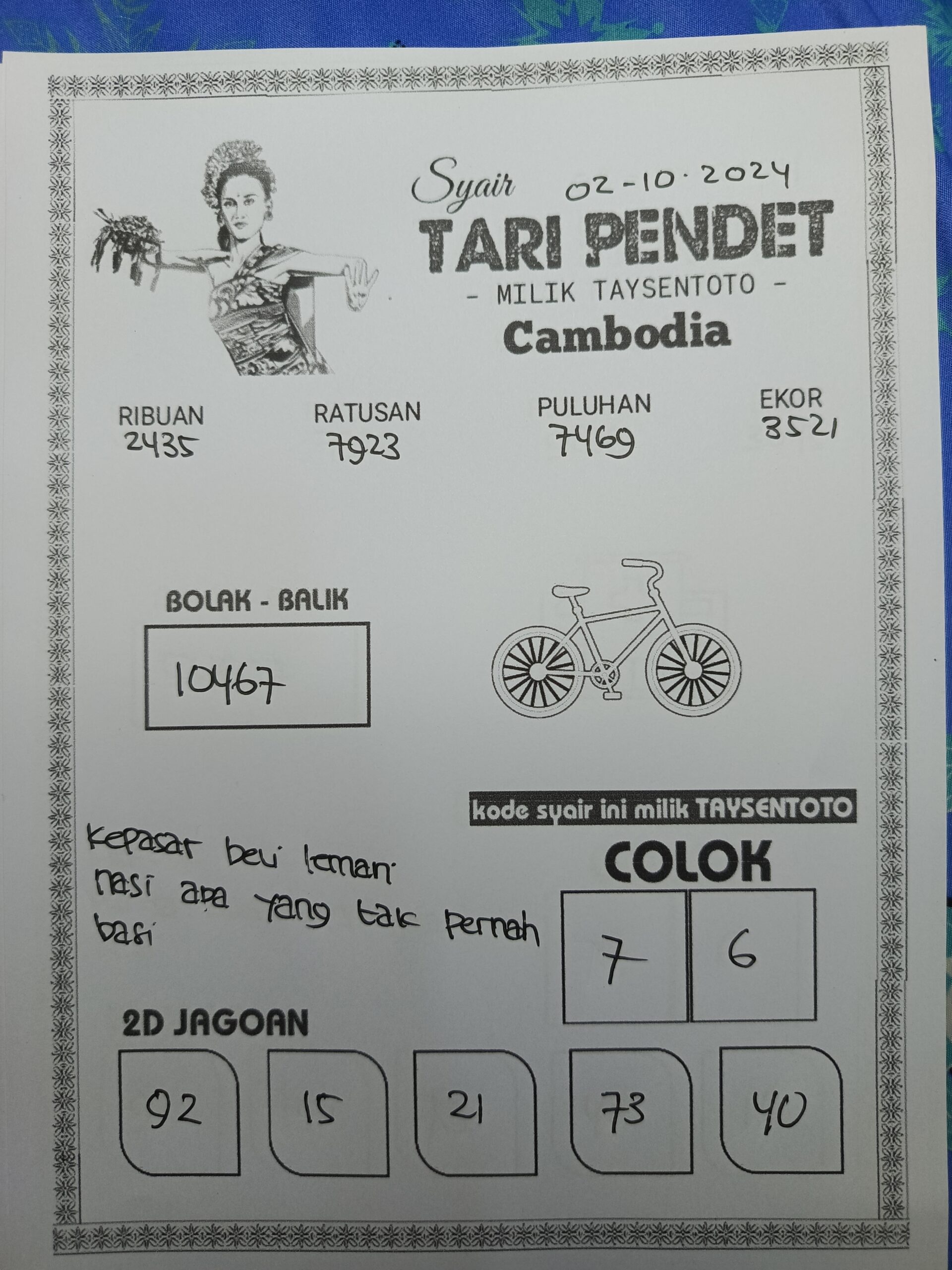 Syair Tari Pendet Cambodia Hari Ini Rabu,02 Oktober 2024