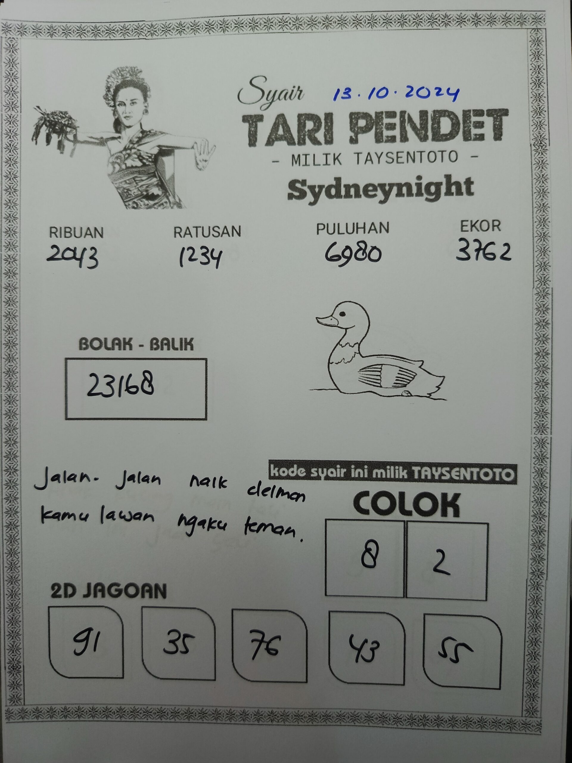 Syair Tari Pendet SydneyNight Hari ini Minggu, 13 Oktober 2024