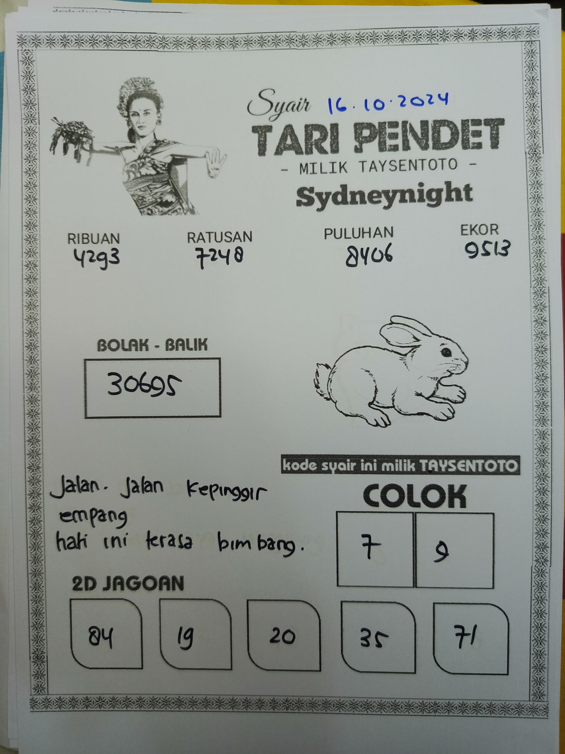 Syair Tari Pendet SydneyNight Hari ini Rabu, 16 Oktober 2024