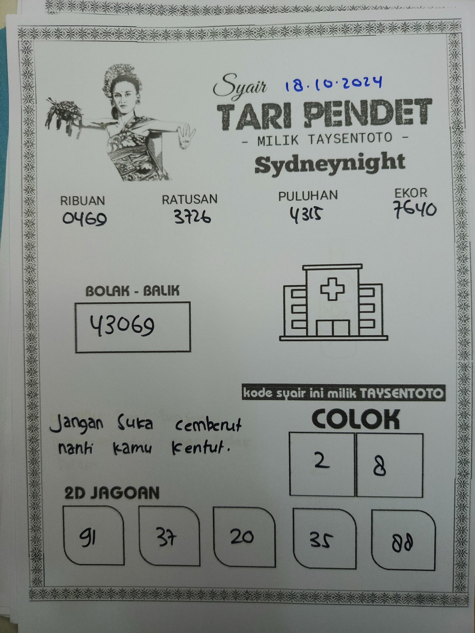 Syair ari Pendet SydneyNight Hari ini Jumat, 18 Oktober 2024